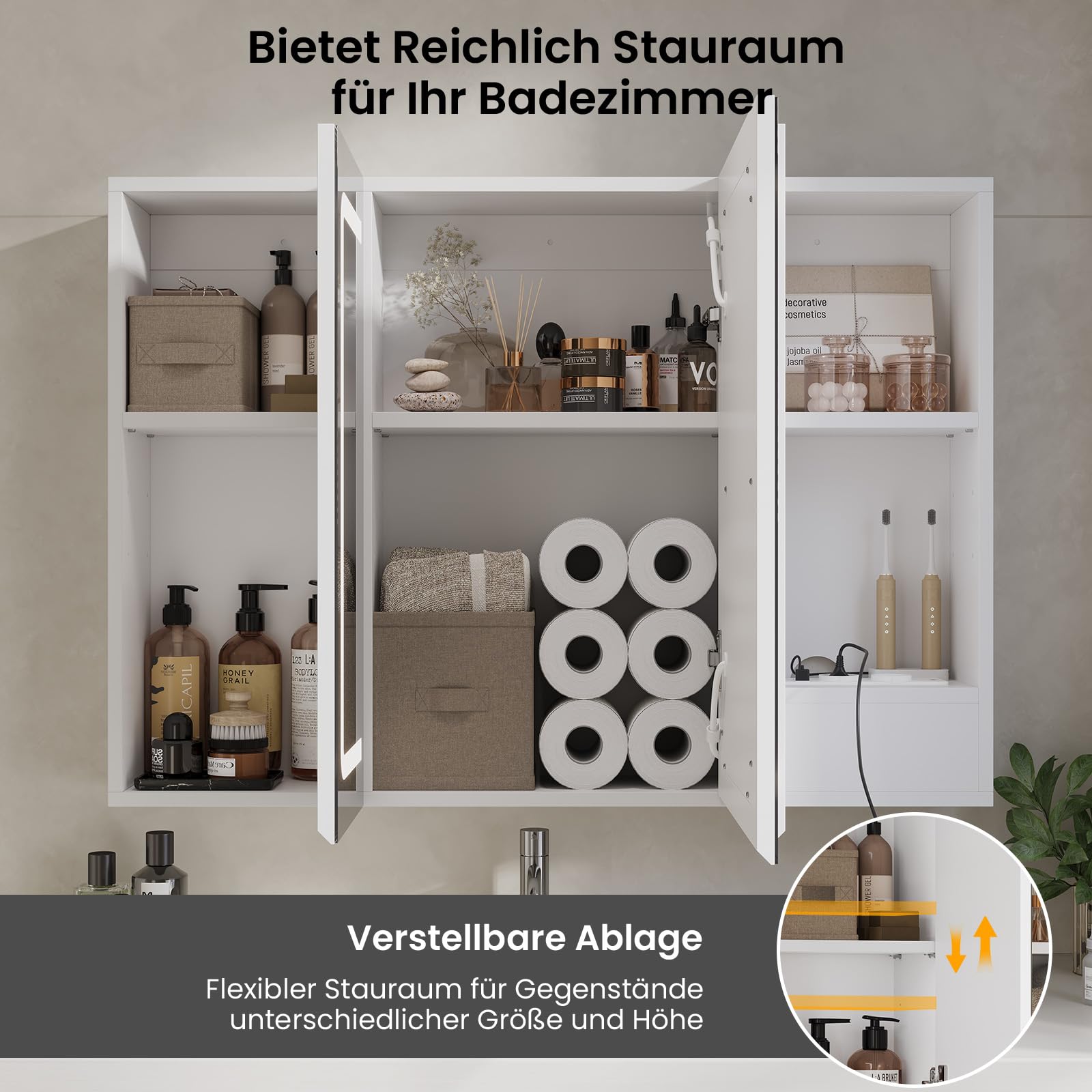 DICTAC Spiegelschrank Bad mit Beleuchtung und Steckdose Badezimmerschrank mit Spiegel und Verstellbarem Regal,Badschrank mit 3 Türen,Wandschrank,Hängeschrank,3 Farbtemperatur Dimmbare,80x60x16cm,Weiß