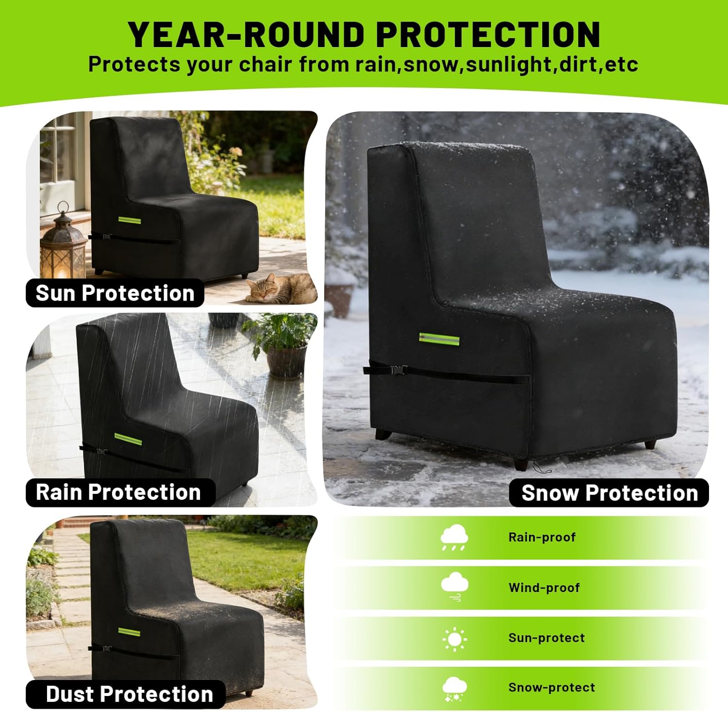Outdoor Recliner Chair Cover, Waterproof Heavy Duty All-Weather Protection 600D Oxford Fabric Covers for Lawn/Garden Recliner Chiar,with Reflective Strip，Black
