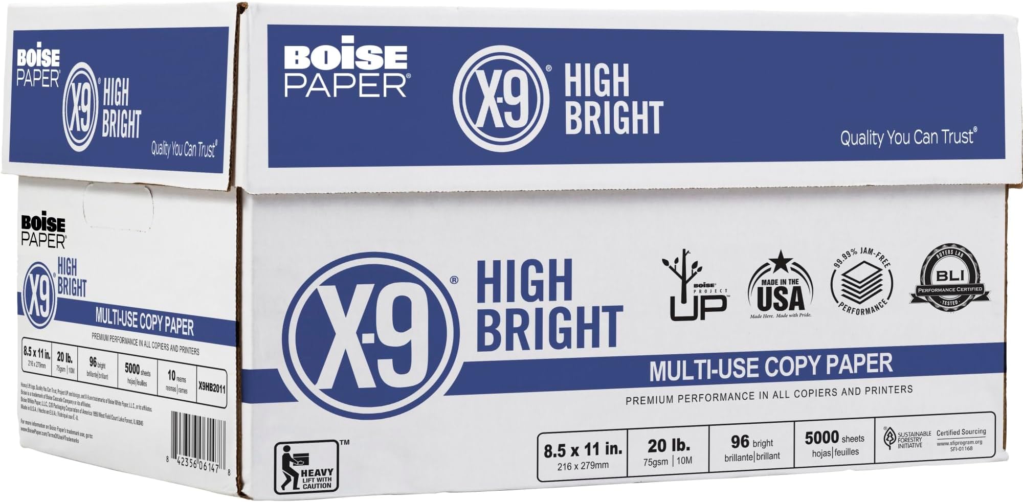 X-9® High Bright Multipurpose Copy Paper, Letter Paper Size, 108 (Euro)/96 (US) Brightness, 20 Lb, White, 500 Sheets Per Ream, Case Of 10 Reams
