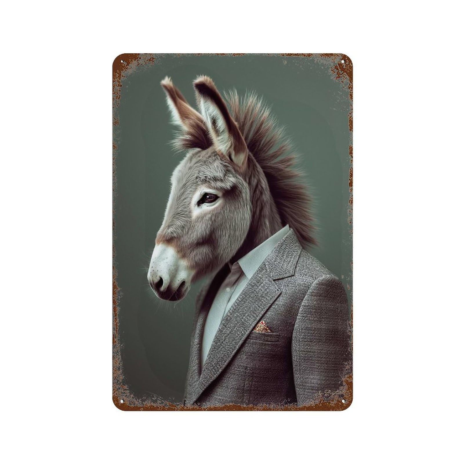 Donkey Portrait Distressed Metal Wall Sign 11.8"x7.9", Shabby Chic Decor for Garage, Pub Or Kitchen
