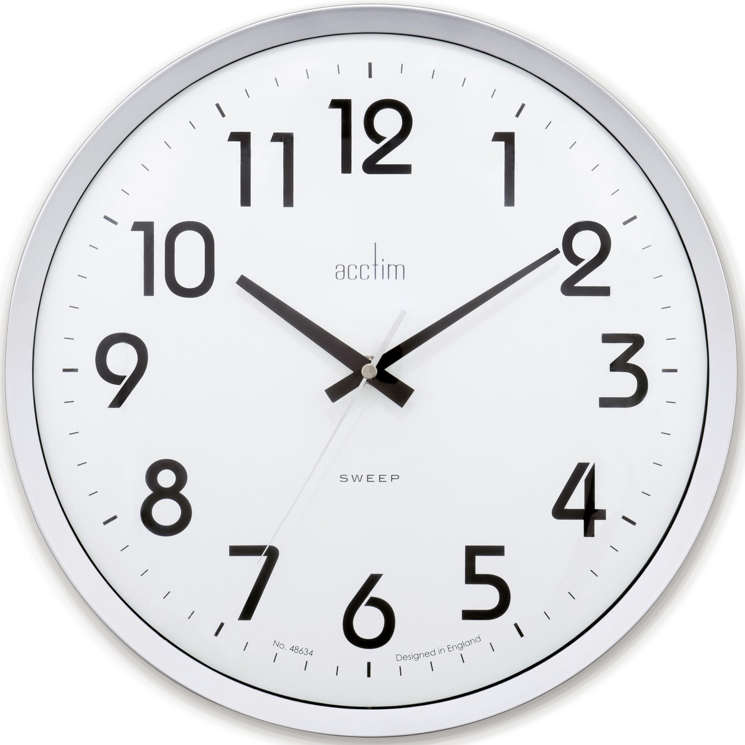 Acctim Orion Wall Clock Non Ticking Sweep Quartz Easy Read Arabic Numbers Silver/White 33cm