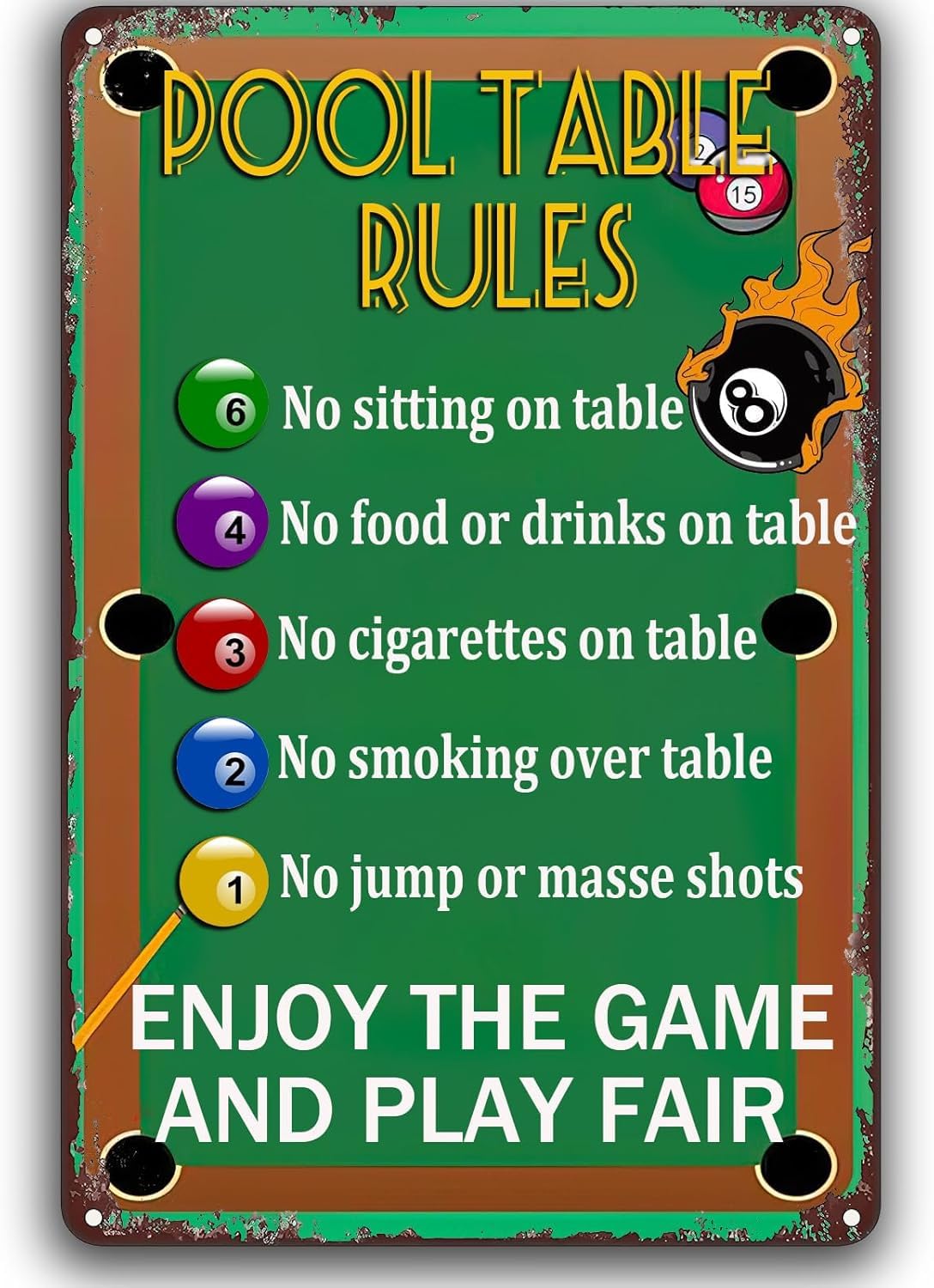 SMAZDFXX Pool Table Rules Vintage Metal Sign Enjoy The Game And Play Fair Metal Plaque Wall Decor Signs for Home Office Bar Pub Cafe Gymnasium Man Cave Tin Plaque Decor 12"x16"