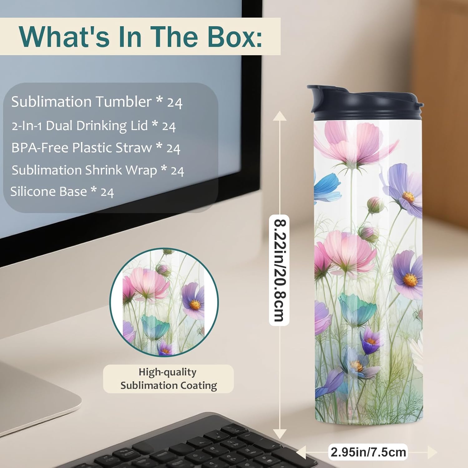 24 Pack 20 Oz Sublimation Tumbler Bulk Straight Skinny, Sublimation Water Bottle Blanks with Flip Straw Lid, Insulated Stainless Steel Dual Opening Blank Bottles Cups for Heat Transfer Diy - Image 2