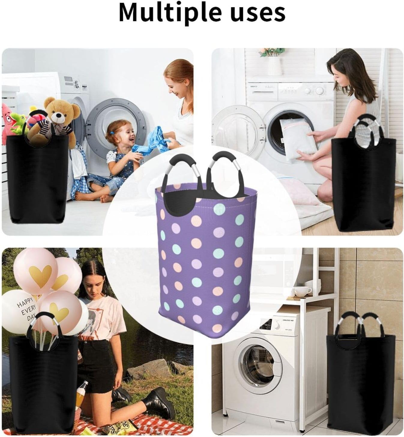 Large Laundry Basket, Purple Colored Polka Dots Laundry Hamper Bag Collapsible Washing Bin With Handles for College Dorm, Family Essentials Storage