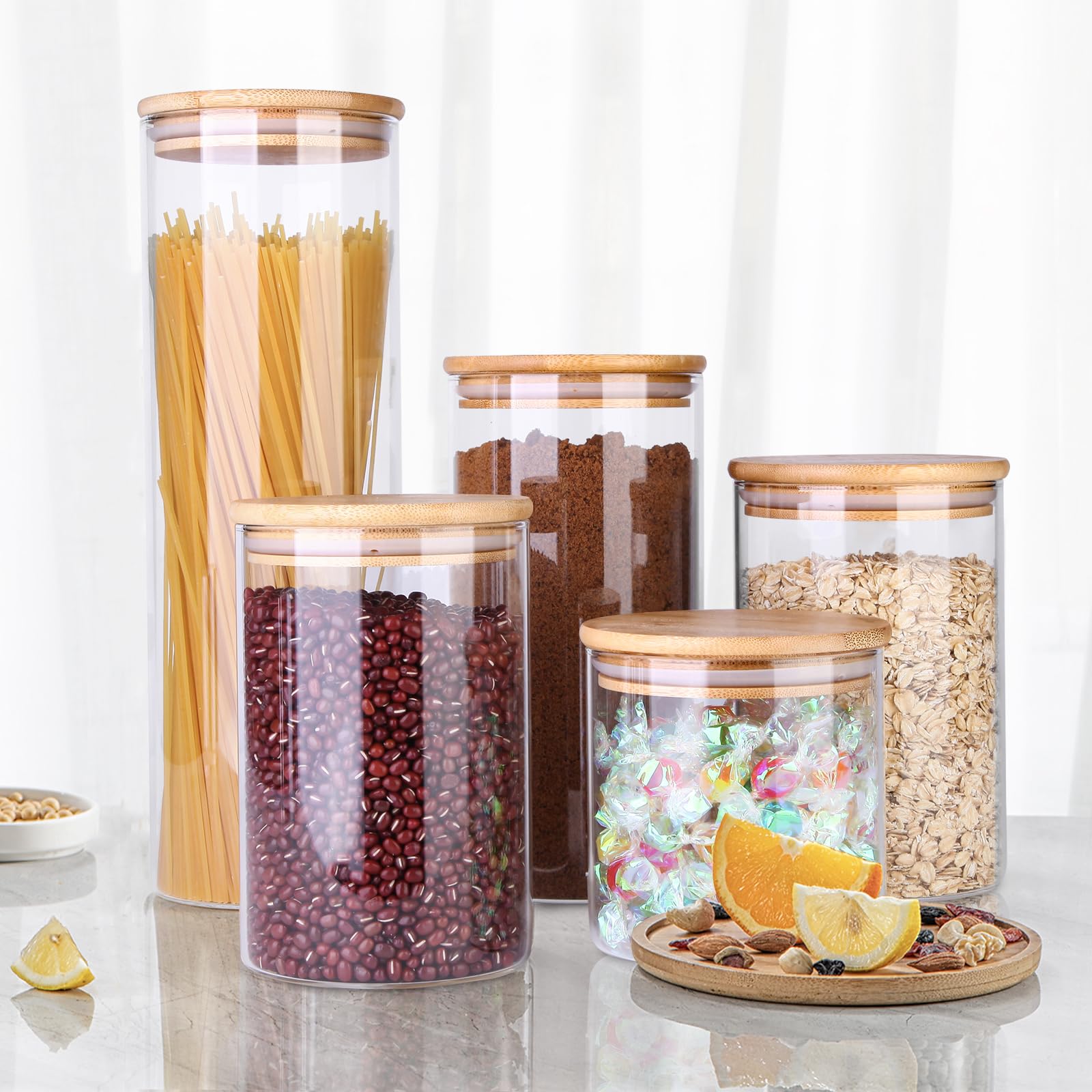 Tarros de vidrio para almacenamiento de alimentos, recipientes de alimentos con tapas herméticas de bambú para pasta, galletas, nueces, granos de café, cereales, recipientes de vidrio para cocina,