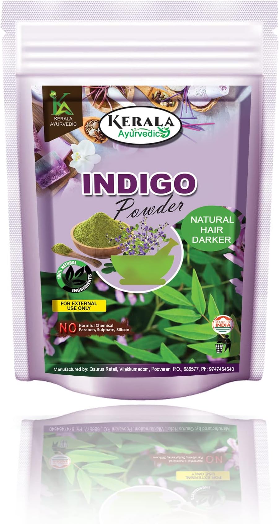 Kerala Ayurvedic Organic Indigo Powder for Hair Black Colour (100 Grams), Natural Avuri Leaf, Neela Amari, Neel Patti, Neelayamari, Neli Aku, Indico.
