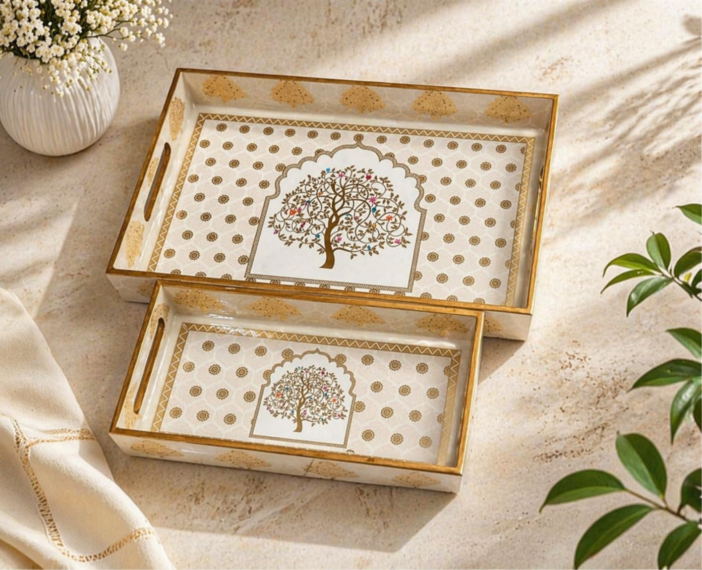 Epichunt™ Wooden Serving Tray with Gold Engraving| 14 x 8 inch &12 x 6 inch| Tray Set for Serving| Enamel Coated Waterproof| Decorative Trays |Tree with Golden Polkadot |Set of 2 (M,S)
