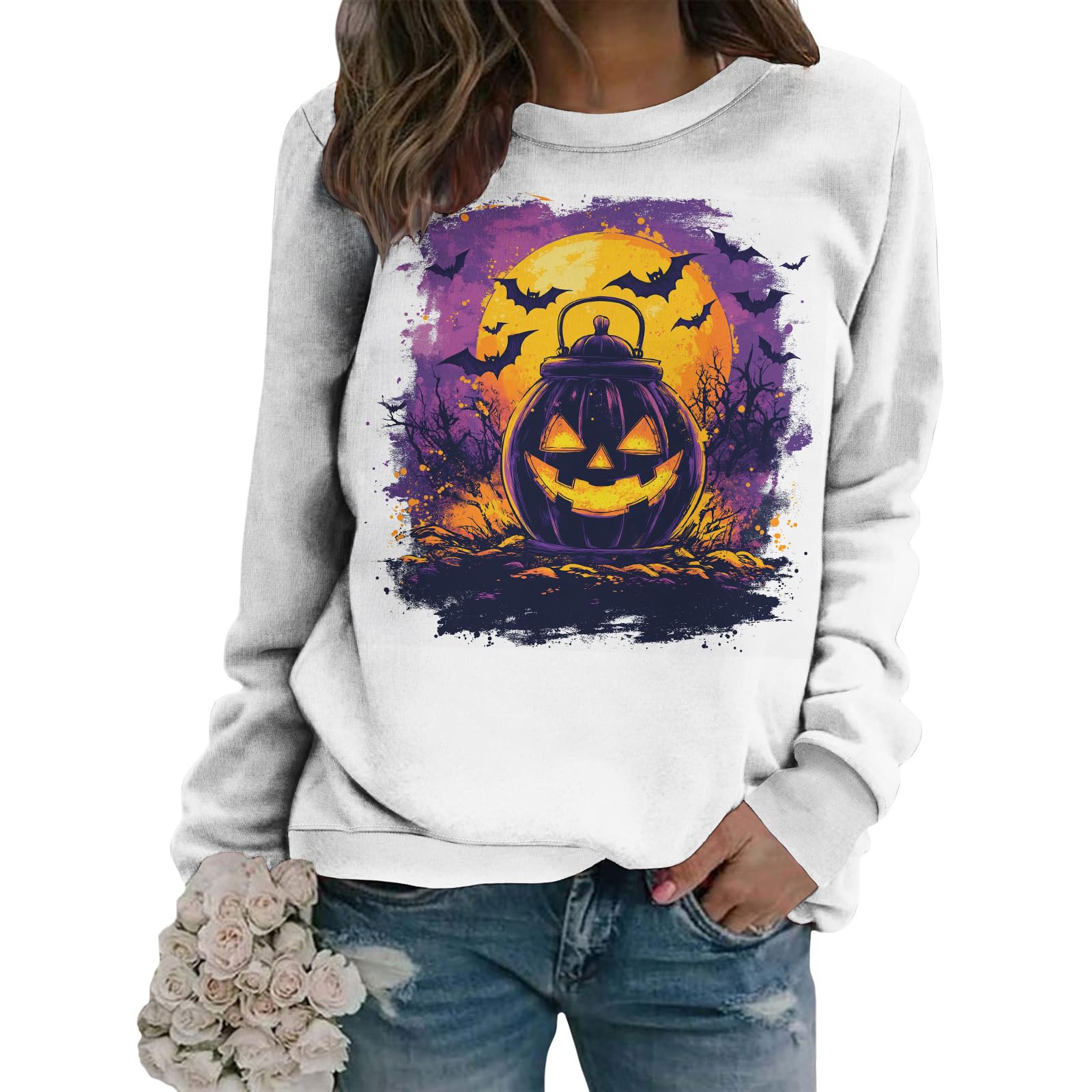 LIZALIG Pullover Cute Sweatshirt Orange Skeleton Fall Festive FunWomens Design Bat Holiday Party Outings Pumpkin Print