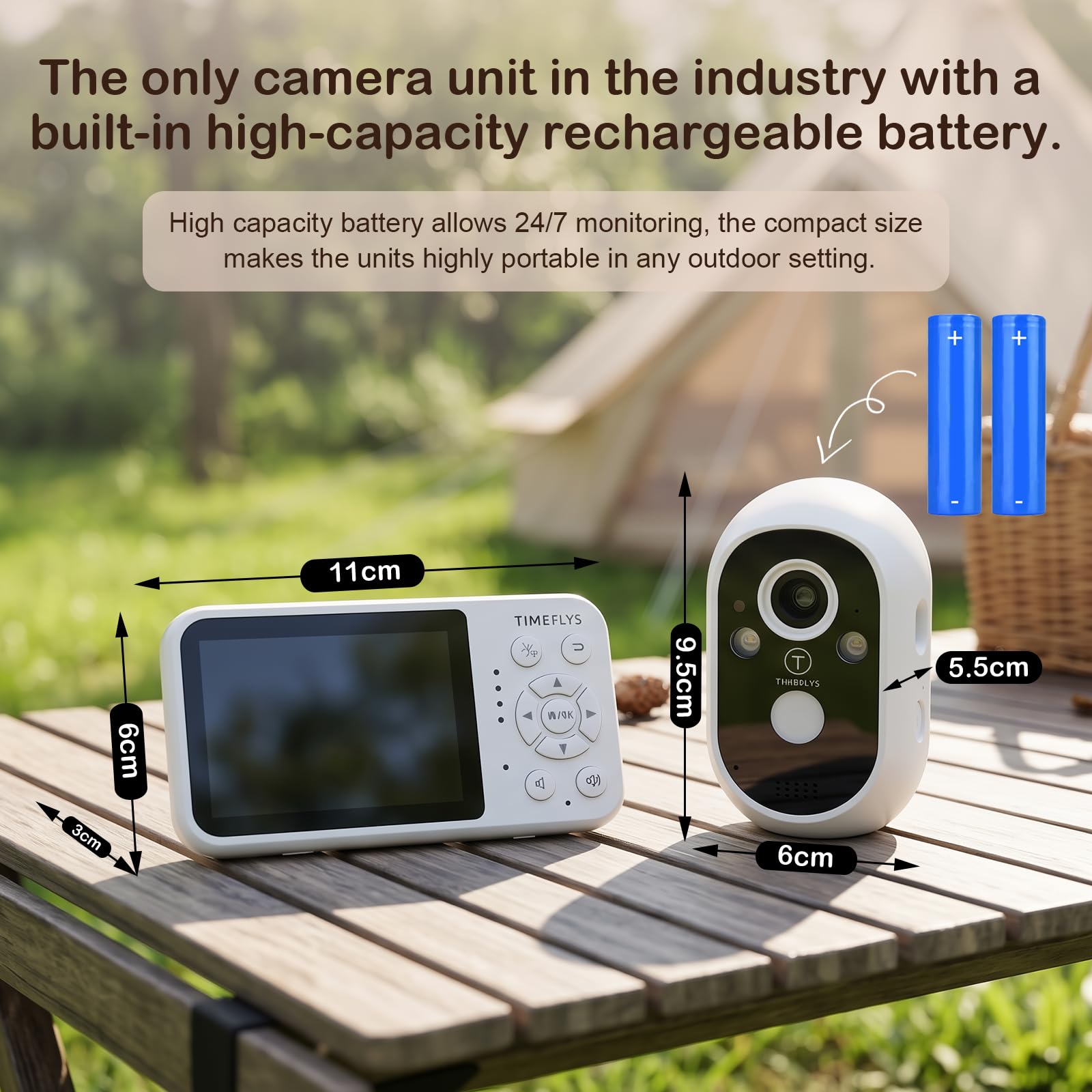 TimeFlys Moniteur vidéo pour bébé, deux unités rechargeables, utilisation en extérieur pour le camping, utilisation de caméra de voiture, appareil photo, batterie de 40 heures, vision nocturne, audio