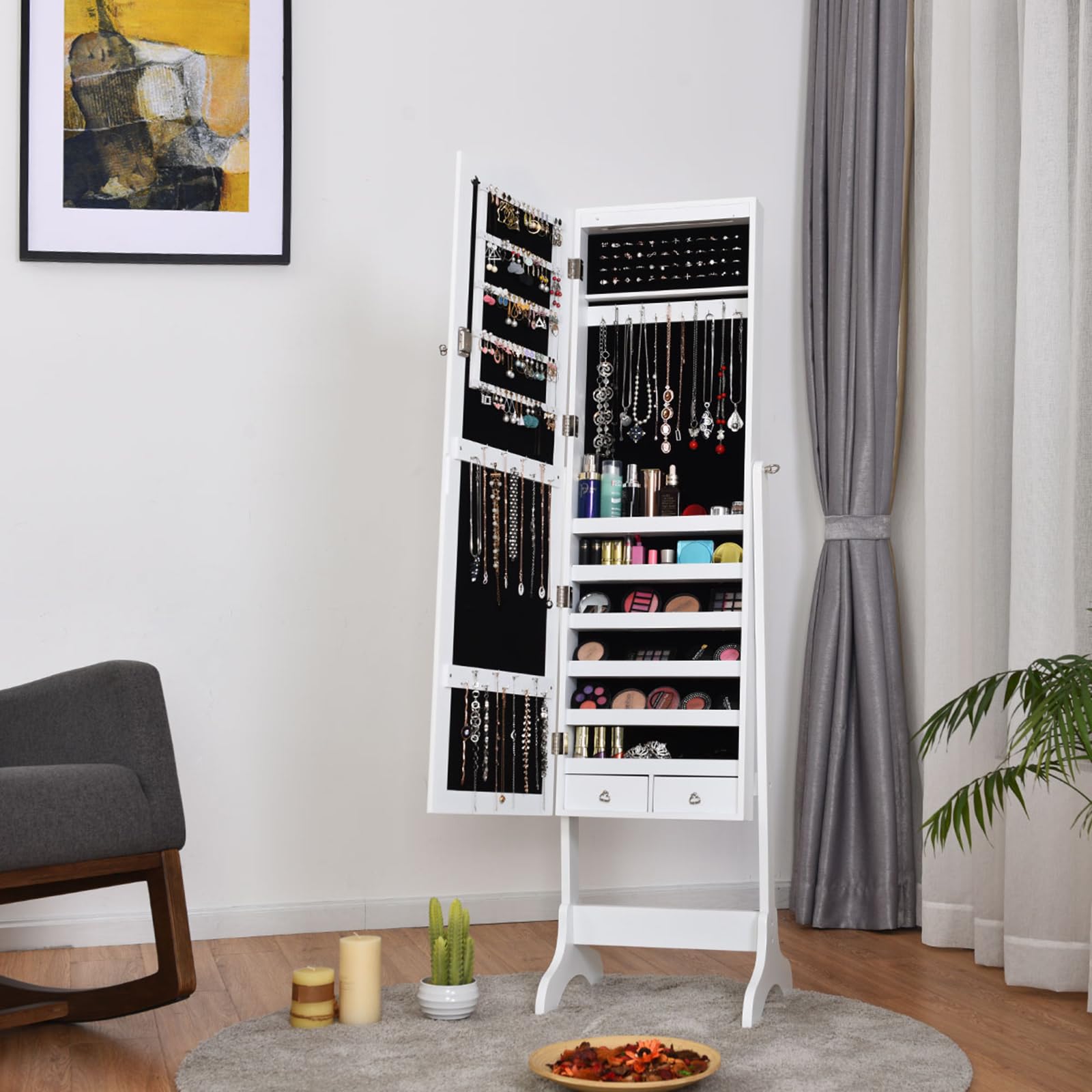 COSTWAY Armadietto Portagioie da Terra, Specchio Portagioie con Luci LED, Angolo Regolabile, con Chiave, 41,5 x 37 x 160 cm (Bianco)