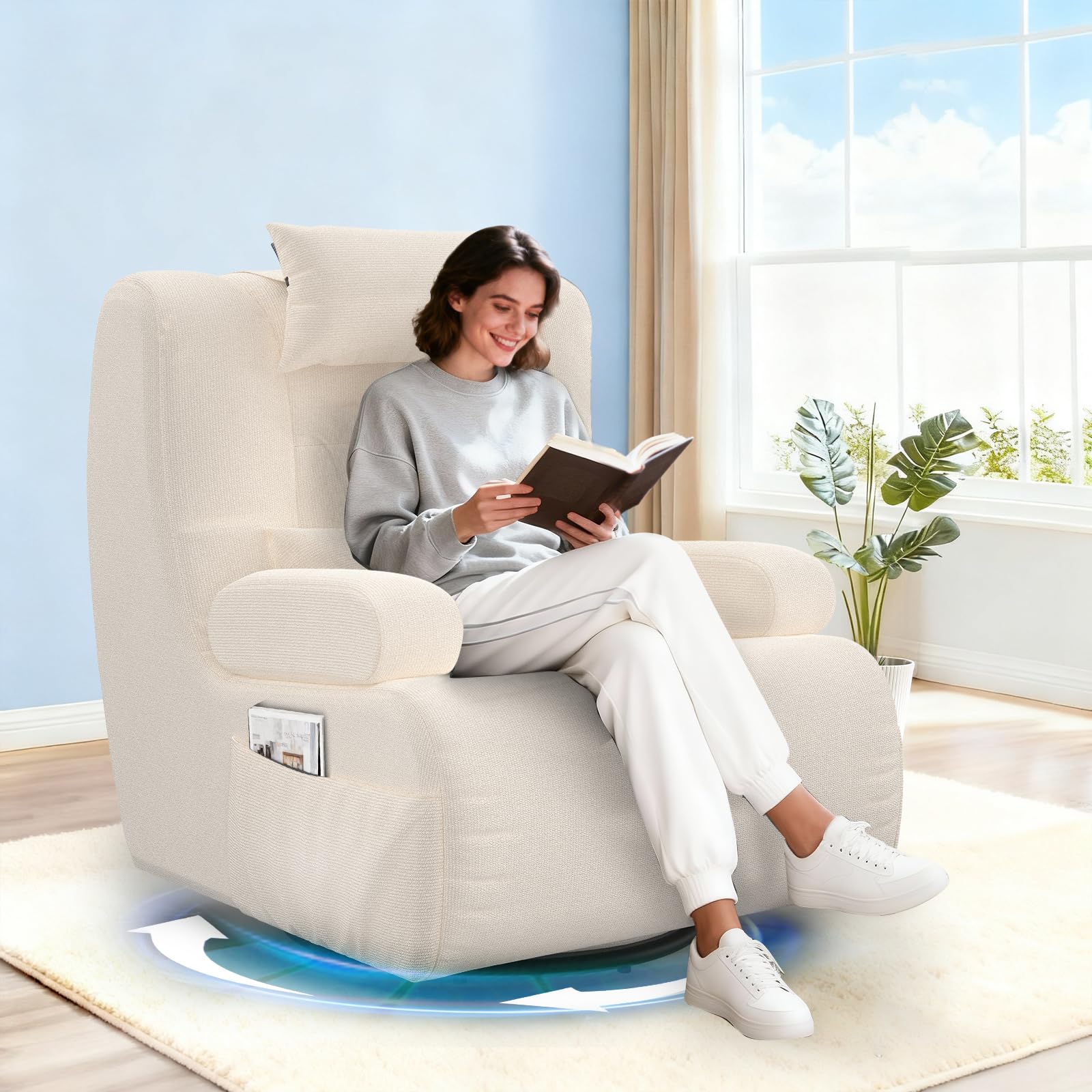 3-in-1 Relaxsessel, 360°Drehsessel,Extragroßer,Gepolsterter Hochlehner-Sessel mit 2 zusätzlichen Kissen, 2 Seitentaschen,Gepolstertem Sitzkissen und Rückenlehne, Akzent-Relaxsessel (Beige)