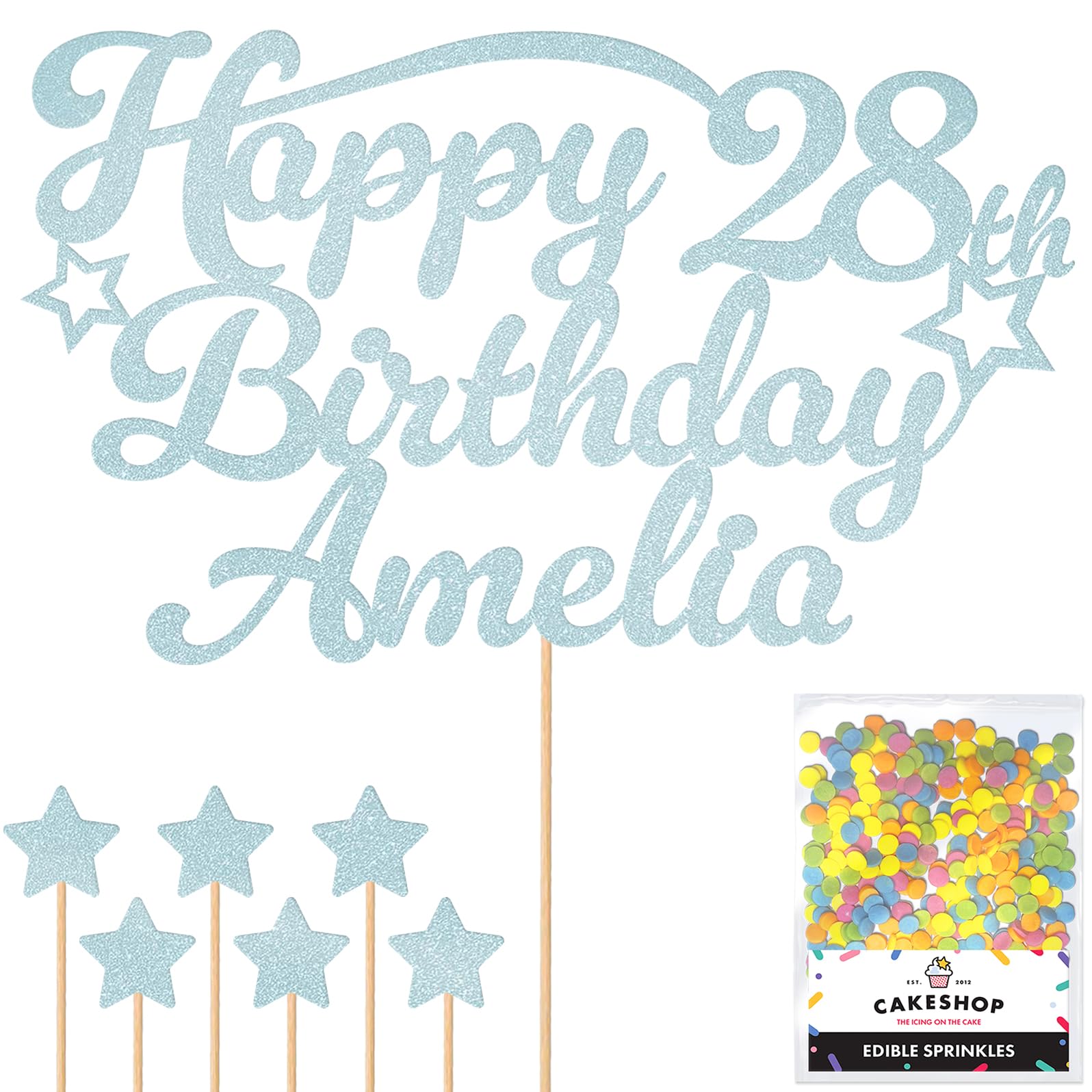 Personalised Happy Birthday Glitter Cake Topper Stars - Light Blue Any Name & Any Age Glitter Cake Decoration and Sprinkles - Happy Birthday Decorations - Personalised Toppers for Cakes by Cakeshop