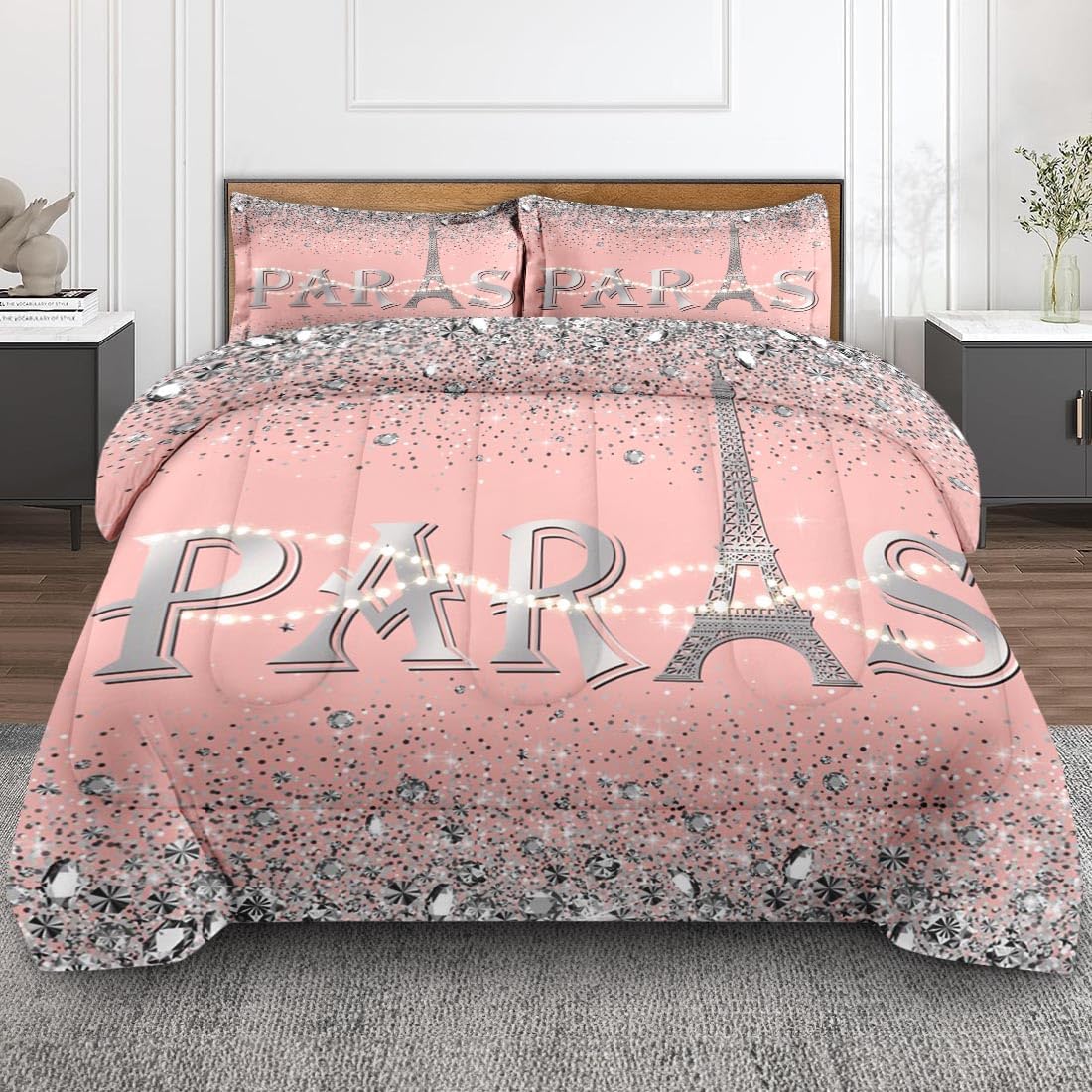 Paris Vintage France Comforter Set Full Size, Pink Diamond Eiffel Tower Soft Bedding Set with 2 Pillowcases for Girls Teens Kids Boys Adults Bedroom Bed Decor,1 Quilt 2 Pillow Cases