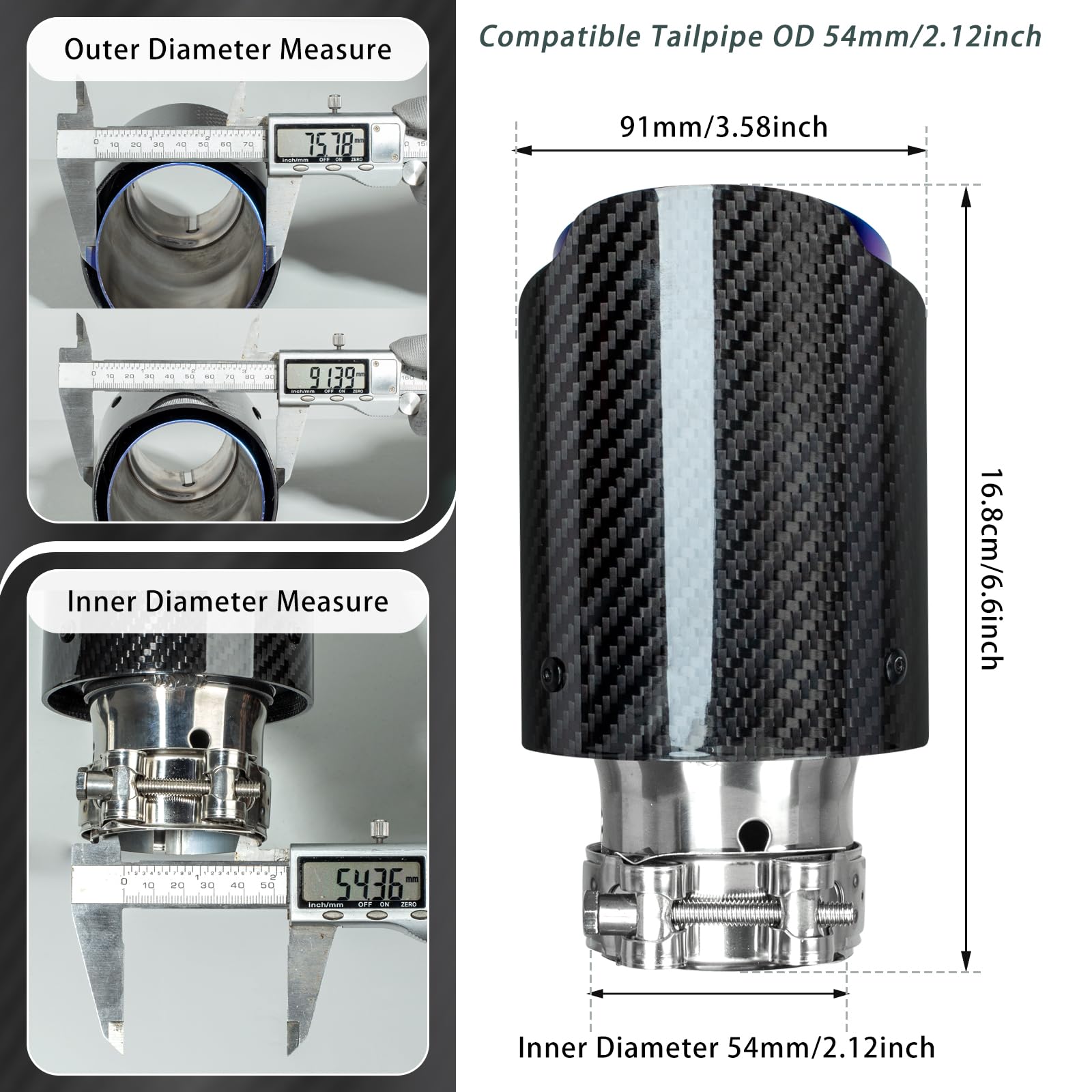 Catekro 54mm Terminale Scarico Auto Universale, Uscita Scarico, Blu Nero | in Acciaio Inox 304 & Fibra di Carbonio Tubo Terminale Marmitta Sportivo Fissare con Bulloni Chiave Inclusa