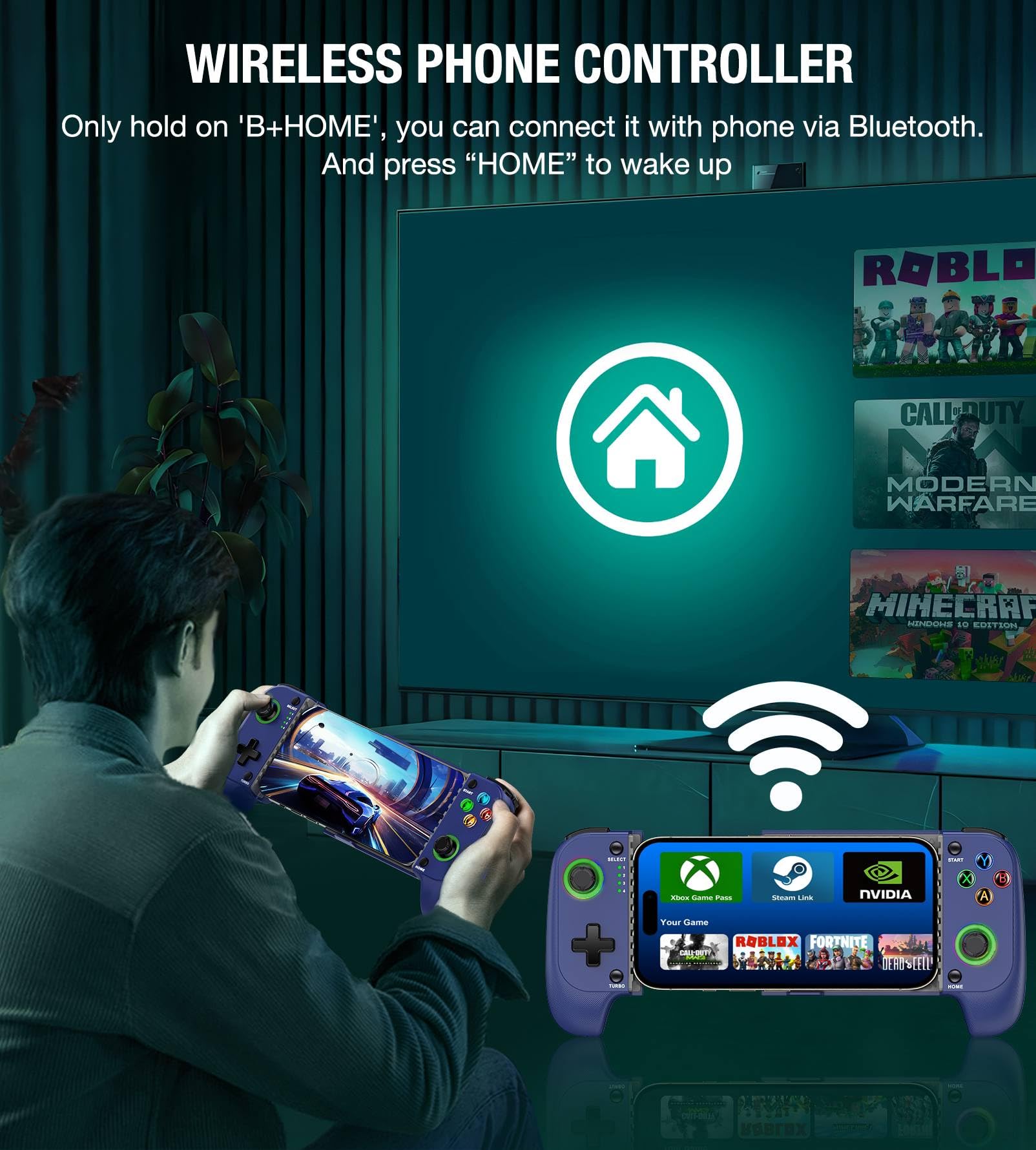 AIfasterfly Controller di gioco mobile wireless per iPhone/Android, controller di gioco effetto Hall, custodia per telefono, adatto per Steam Link, Roblox, Call of Duty e altro, blu
