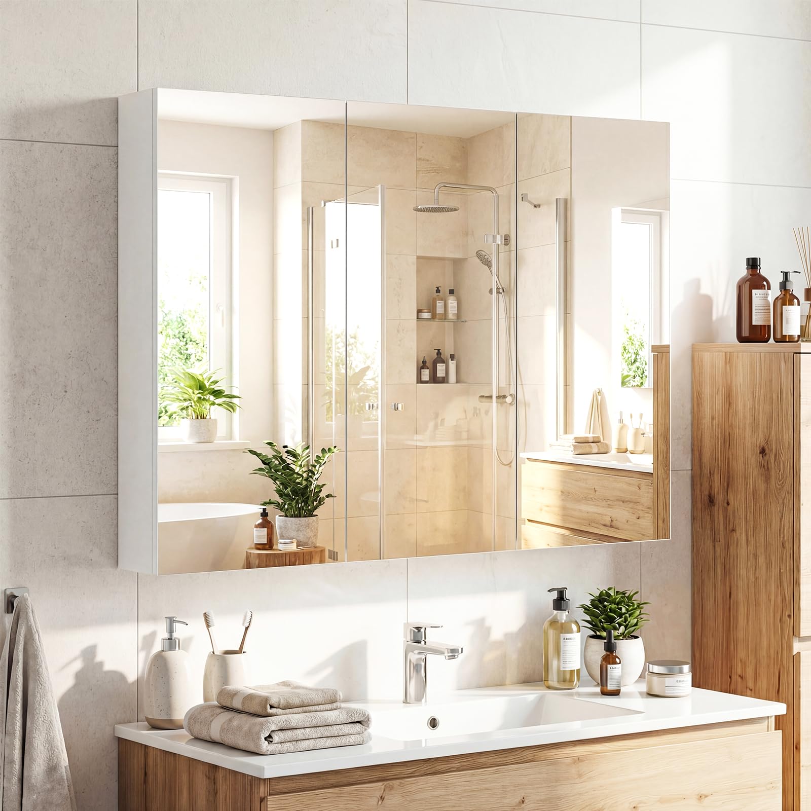 COSTWAY Armario de Espejo de Baño con 3 Puertas, Armario de Pared Baño con 6 Compartimentos, Superficie de Imitación Madera y Marco de Madera, 87 x 65 x 12,5 cm
