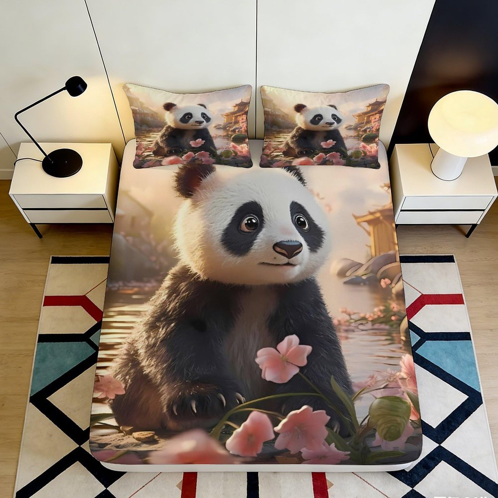 3D Printed Panda Design Fitted Sheet Microfiber Deep Pocket Elastic Hem for Adult Bedroom Panda Mattress Fitted Cover 200x200x25cm