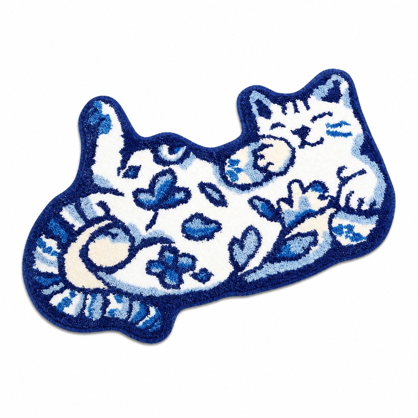 Wusejosapi Cat Bath Mat, Non-Slip Bathroom Rug, Microfiber Bath Mat, Blue White Cat-Shaped Mat 50×80cm with Absorbent Surface for Bathroom, Toilet & Cat Lovers Decor