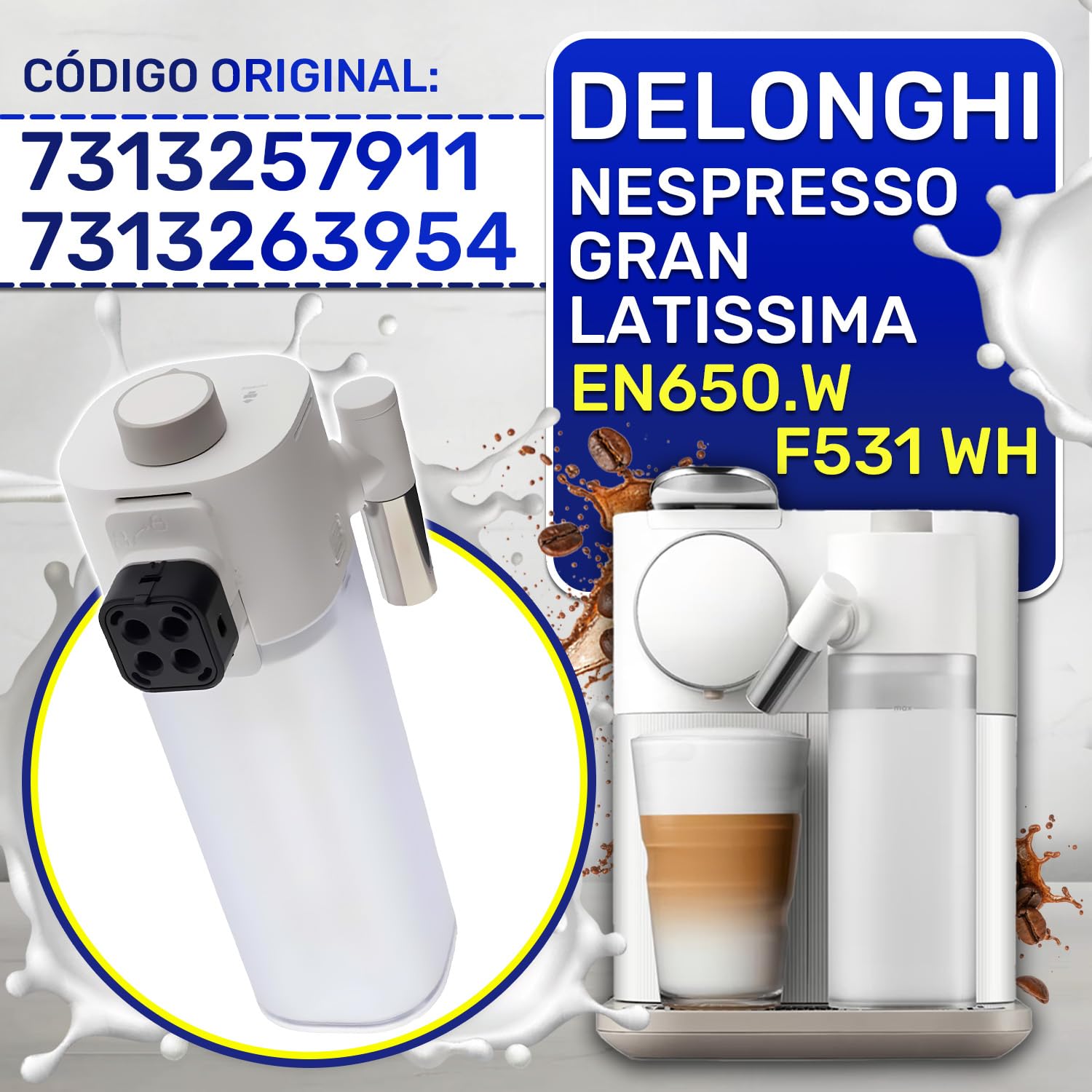 Espumador de Leche Electrico para Cafetera Capsulas para DeLonghi | Codigo 7313263954 7313257911 para Nespresso Gran Lattissima EN650.W F531 WH - Garantía de 10 Años - MONTERAL