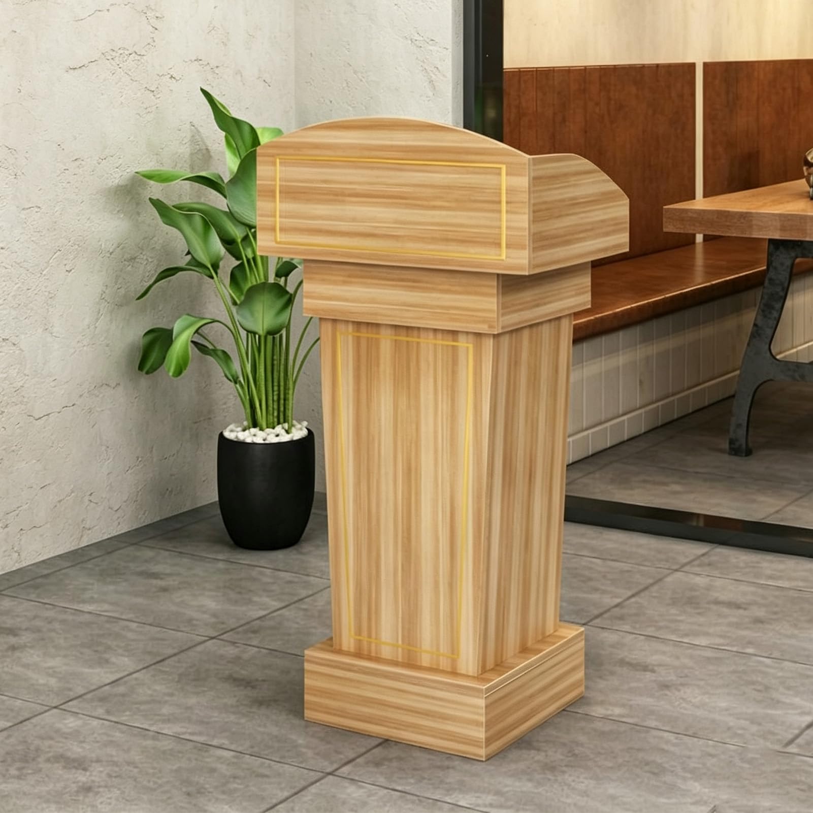 Pupitre courbé en Bois, Podium sur Pied,Teak,+Copper & Drawer