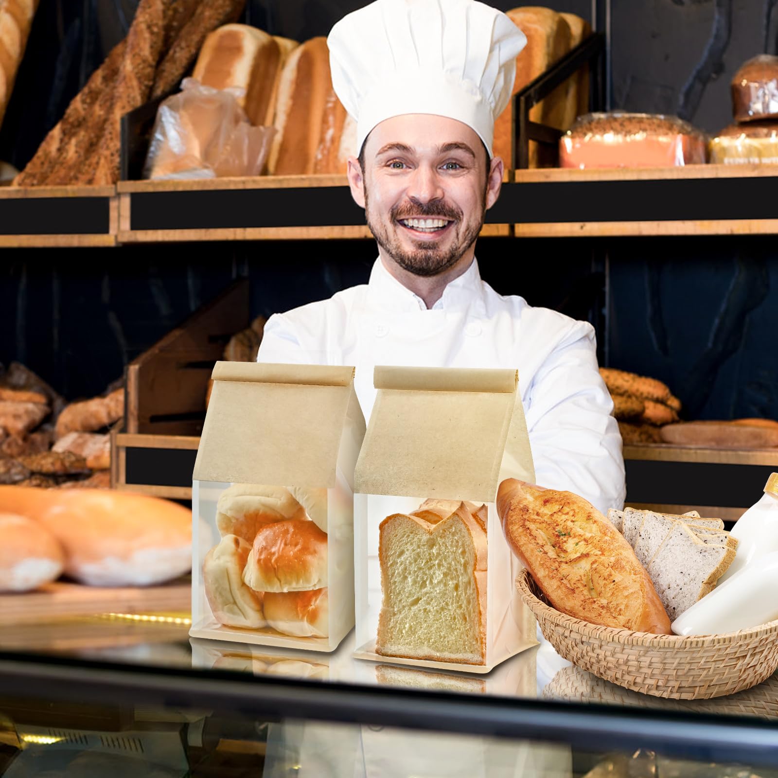 50 bolsas de pan para panes caseros, 5.1 x 3.9 x 11 pulgadas, bolsas de panadería de papel kraft marrón con bloqueo de estaño con bloqueo de estaño para pan de masa madre con ventana, 7