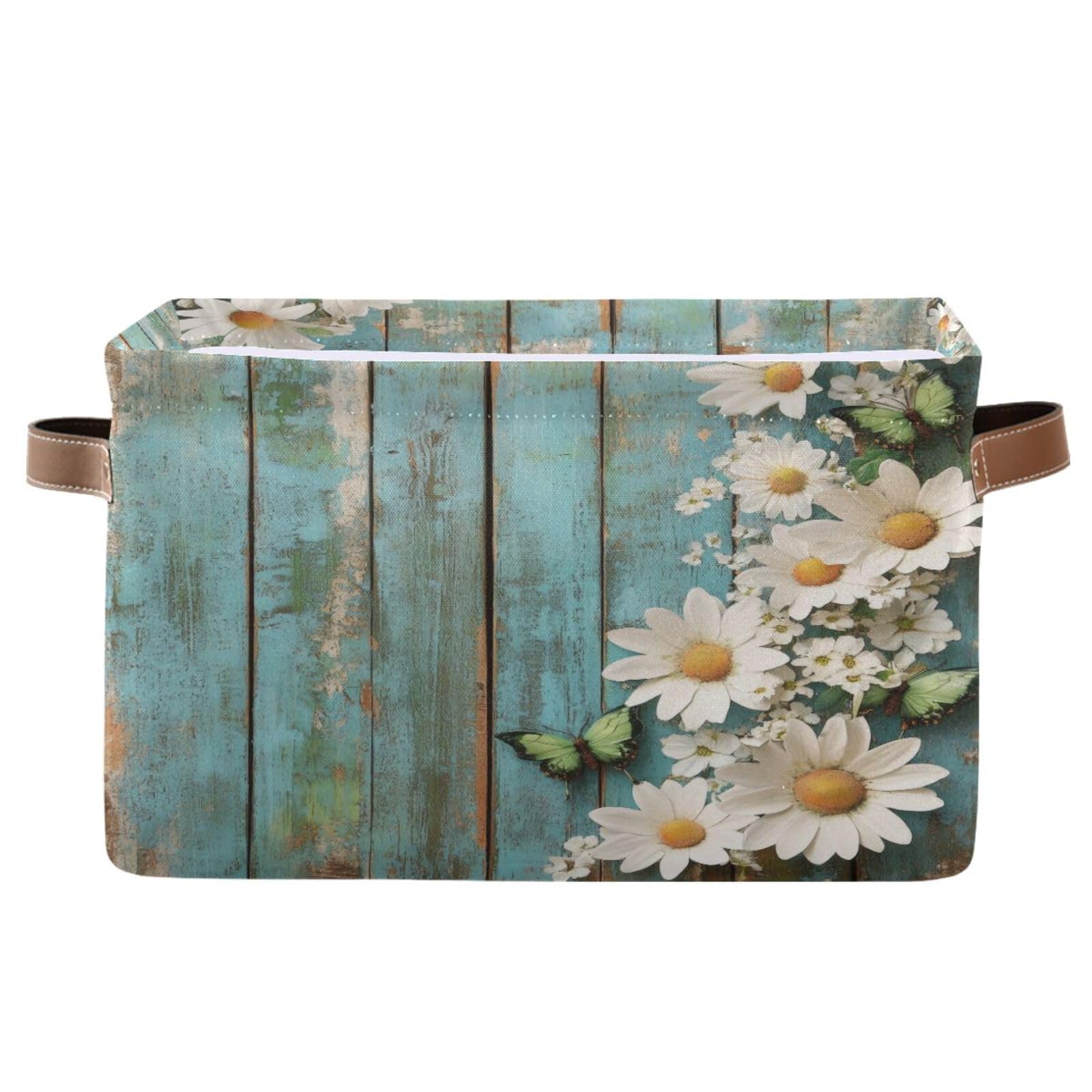 Takiito Storage Basket for Organizing Shelves, Daisy Flowers on Wood Fabric Storage Bin with Handles for Books Toys Closet, 1 Pack