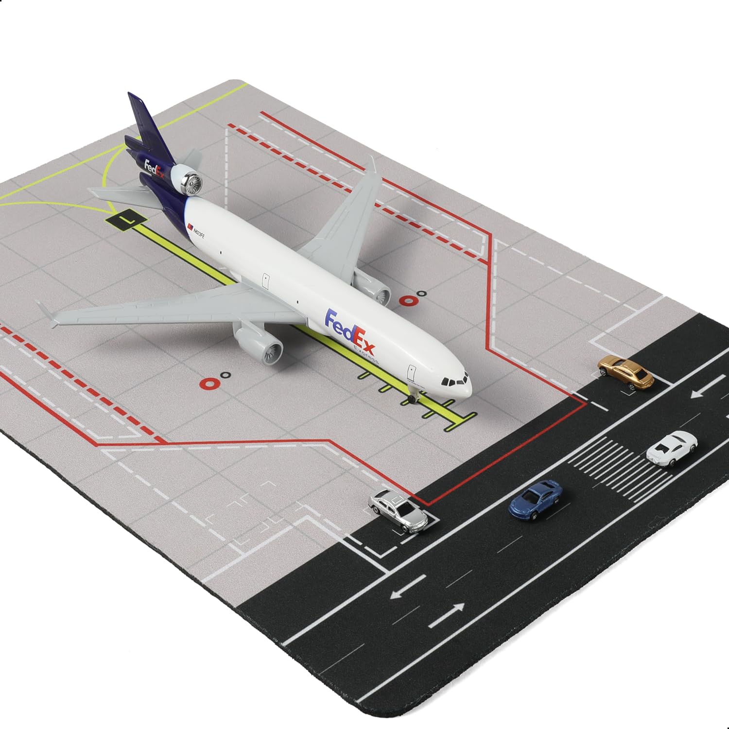 QIYUMOKE 1/300 Compatible with FedEx MD-11 Aircraft Model with Rubber Airport Mat and 5 Cars for Metal Die Cast Model Kit for Adults Aviation Collector (Mat: 25×35cm)