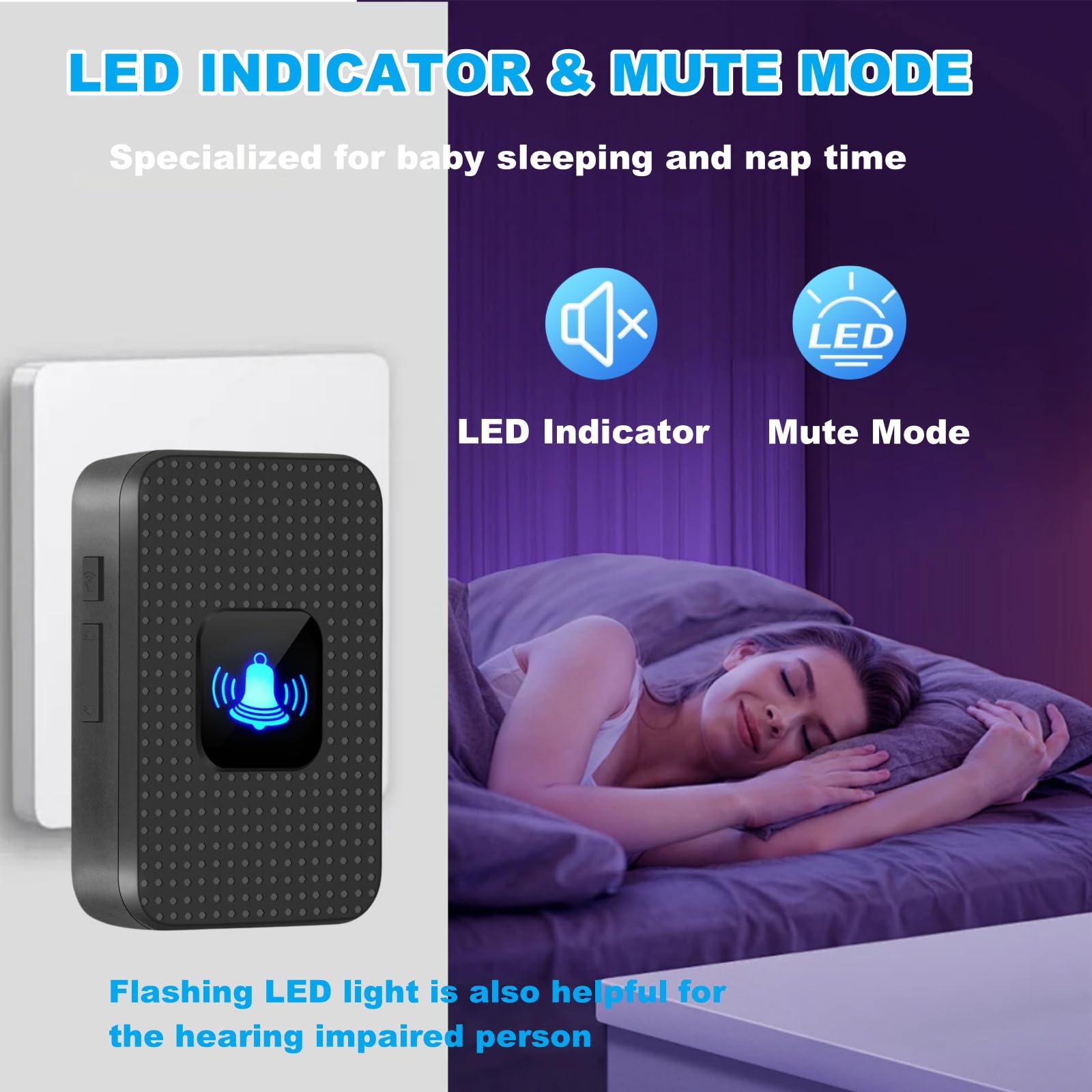 Timbre Inalámbrico Exterior Impermeable IP55, 1 Transmisor y 1 Receptor, Rango de 1000 pies, 55 Melodías, 5 Niveles de Volumen, Modo Silencioso, LED, para Oficinas Domésticas, Negro