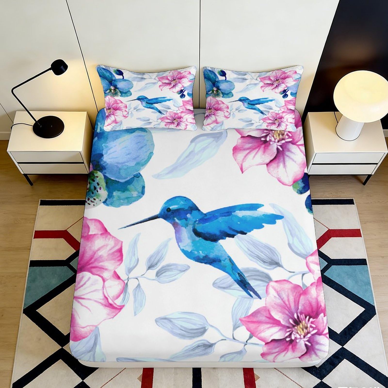 3D Printed Hummingbird Floral Fitted Sheet Microfiber Soft Breathable Blue Flower Mattress Cover for Bedroom Guest Room Decor 90x200x25cm