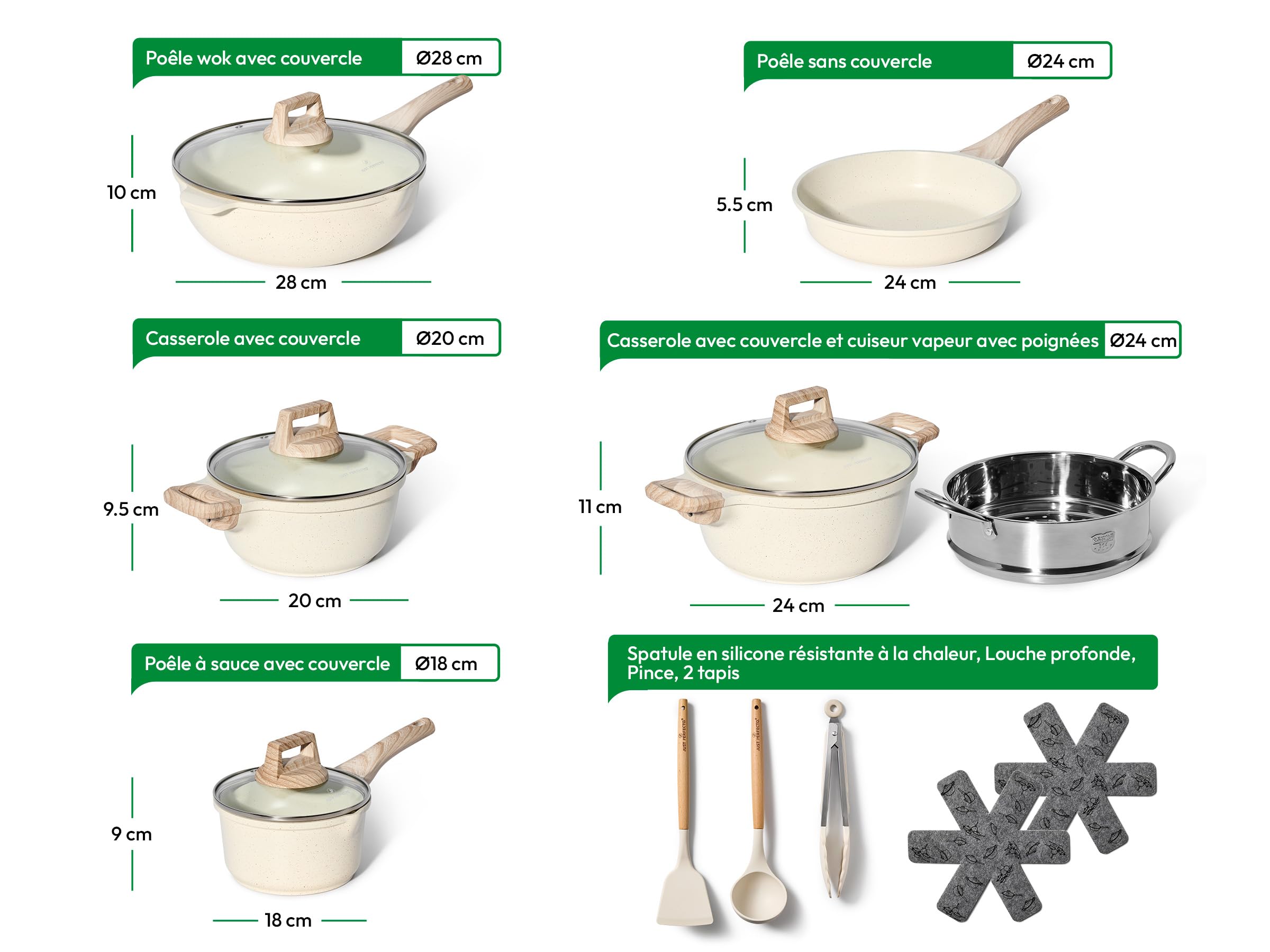 Just Perfecto Batterie de Cuisine 13 Pièces Induction JL-779, Beige | revêtement antiadhésif, sans PFOA ni PTFE, couvercles inclus, compatible tous feux, poignées isolées