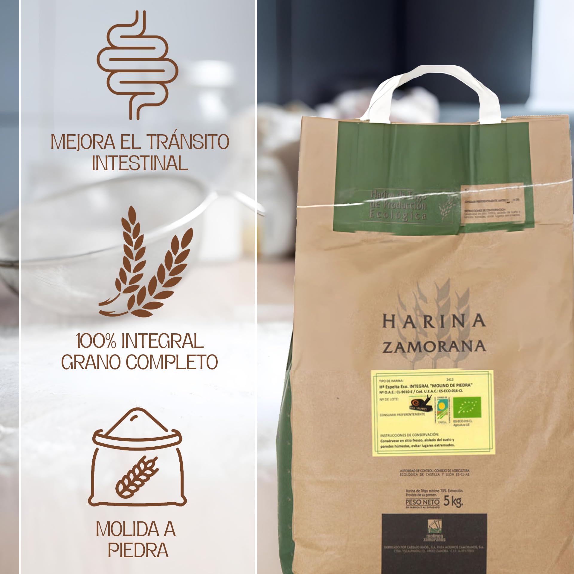 Harina De Espelta Integral Ecológica | 5 Kg | De Molino De Piedra | Para Pan Y Repostería | Harina Espelta 100% Natural | Favorece El Tránsito Intestinal | Fibra Alta Y Sabor Tradicional