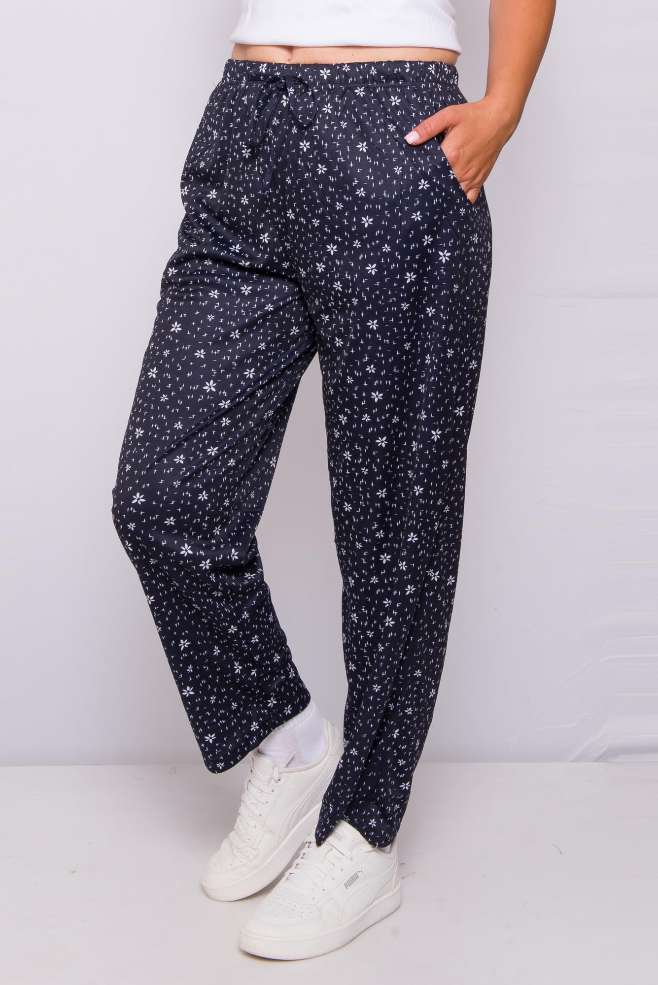 Kendindza Pantalones de verano para mujer, largos, ligeros, estilo informal, con flores, de algodón
