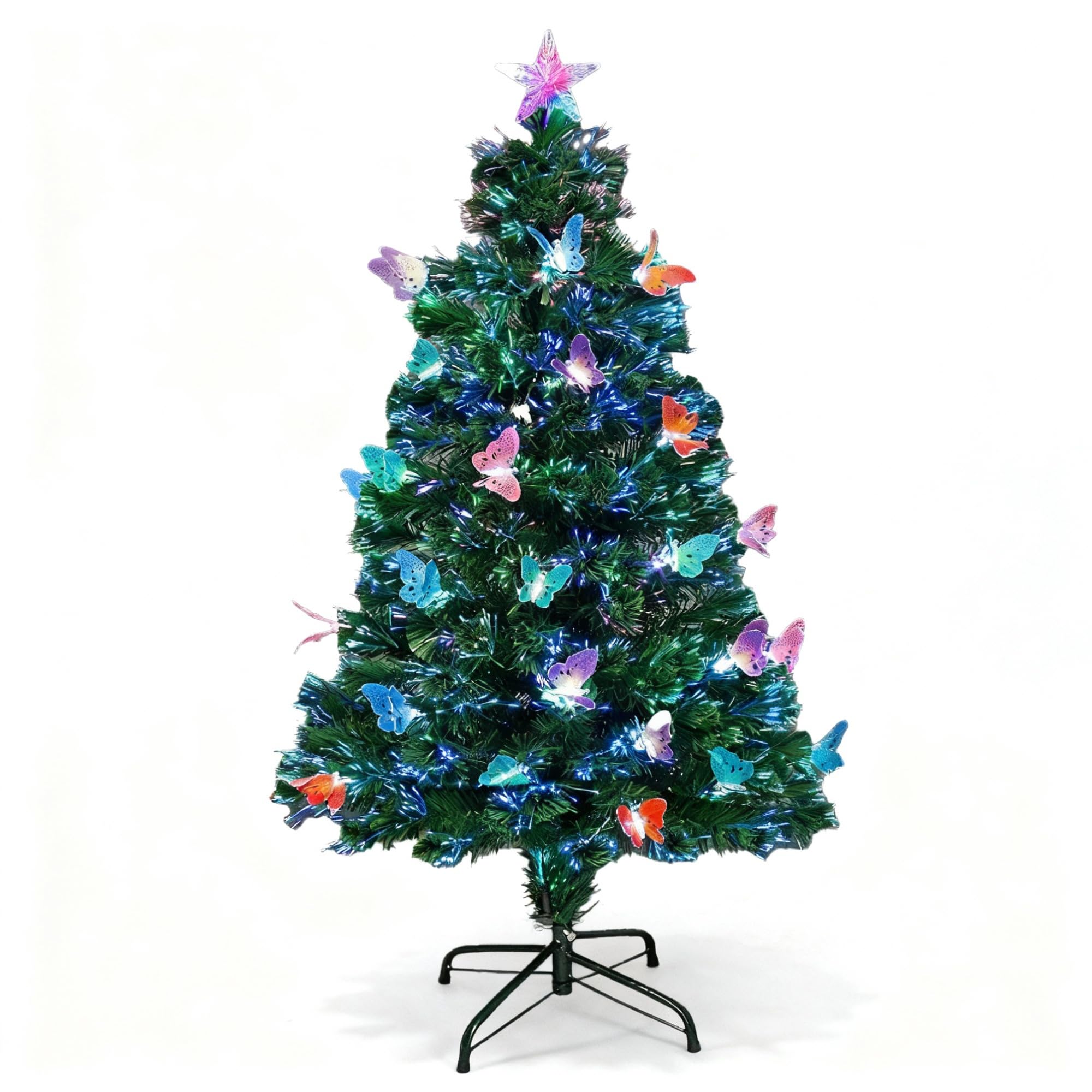 Shatchi Butterfly 6Ft/180Cm Fibre Optic Christmas Tree With Star Topper - Led Decorations - Pre-Lit Green Artificial Xmas Tree - Multicolor Changing Lights
