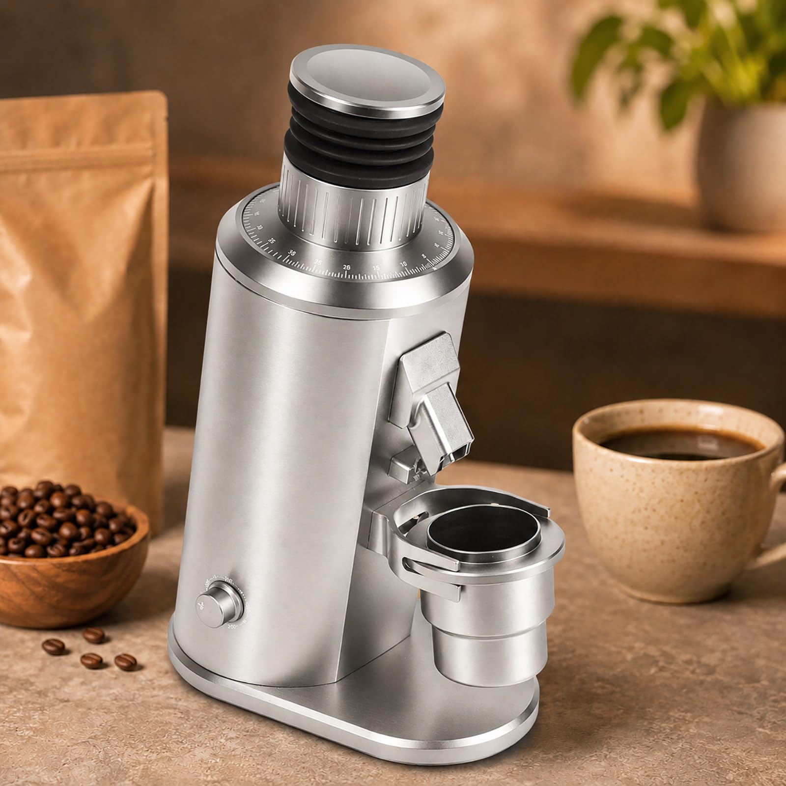 vnmudzeo Electric Coffee Grinder for Espresso - 80mm Flat Burrs, Adjustable 800-1600 RPM, 70g Bellows Hopper, Stepless Grind Dial and Portafilter Fork Silver
