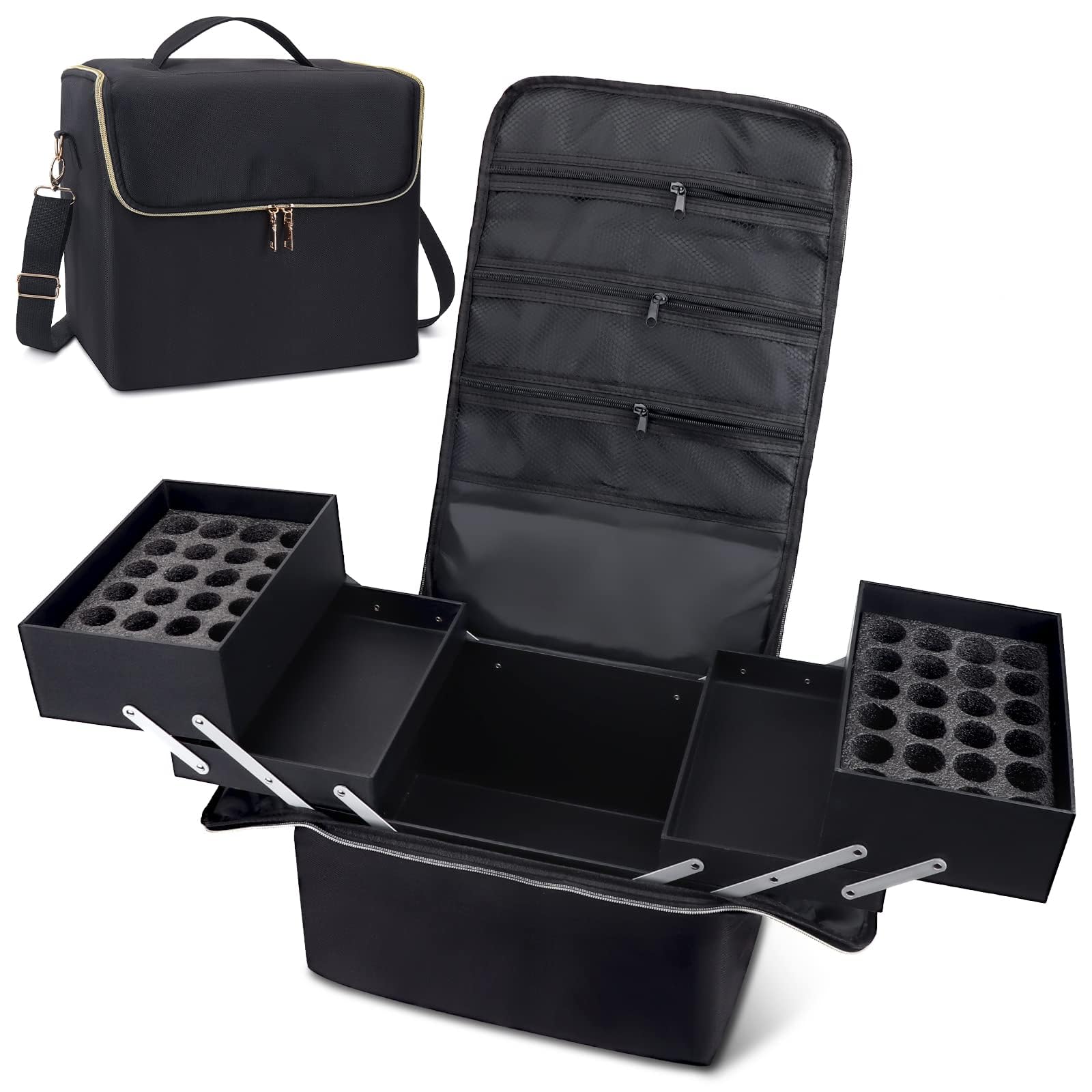 Deciniee Large Makeup Travel Train Case, Upgraded Plus Size Nail Supply Organizers and Storage for Nail Tech, Black 4 Tier Cosmetic Train Case Makeup Box, Nail Polish Makeup Organizer and Storage Bag