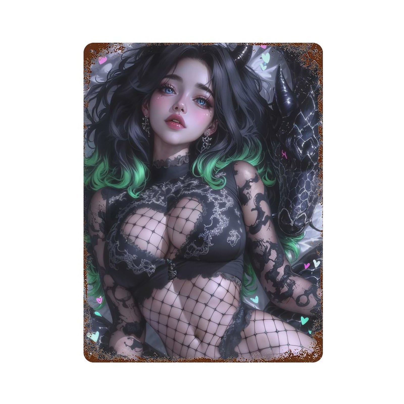 Anime Girl with Dragon 15.7"x11.8" Aged Metal Wall Plaque, Classic Wall Plaque for Pub, Kitchen And Man Cave Decor