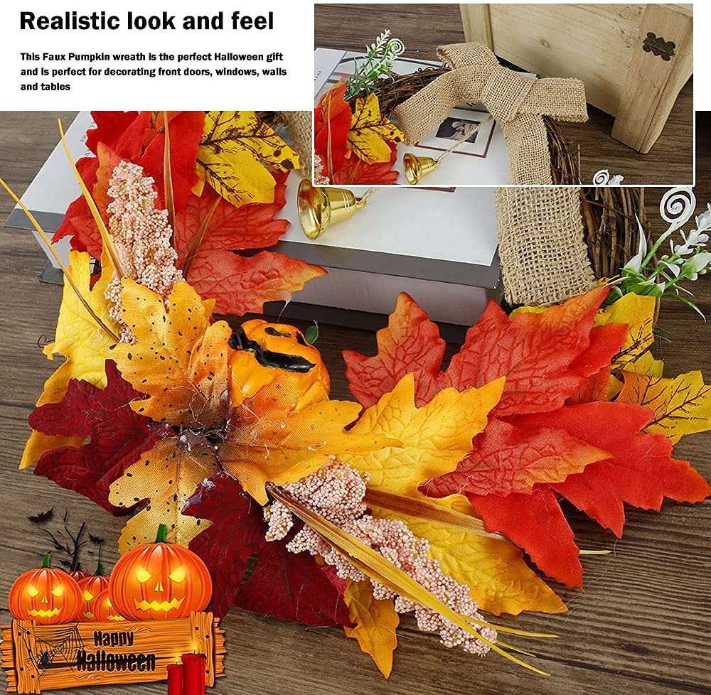 Decoración de otoño, 35 cm Calabaza Baya Hoja de Arce Puerta de otoño Guirnalda de Pared Adorno Guirnalda Día de Acción de Gracias de Halloween Decoraciones de Ventana de otoño con una Campana