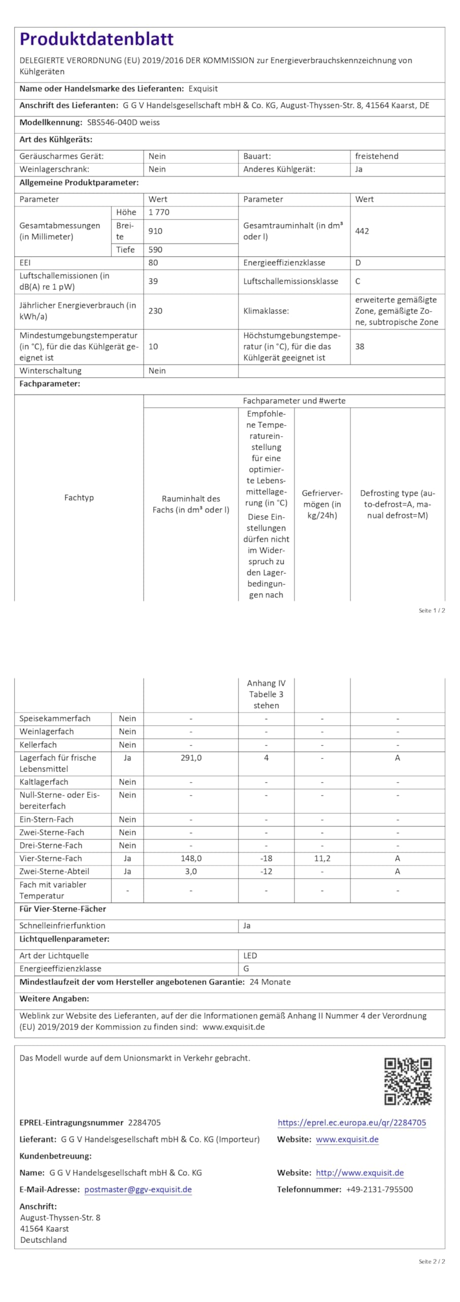 Exquisit SBS546-040D Side-by-Side Kühlschrank, 442 L, No Frost, Weiss | Freistehende Kühl-Gefrierkombination mit Energieklasse D, 39 dB leisem Betrieb, Schnellgefrierfunktion und LED-Display