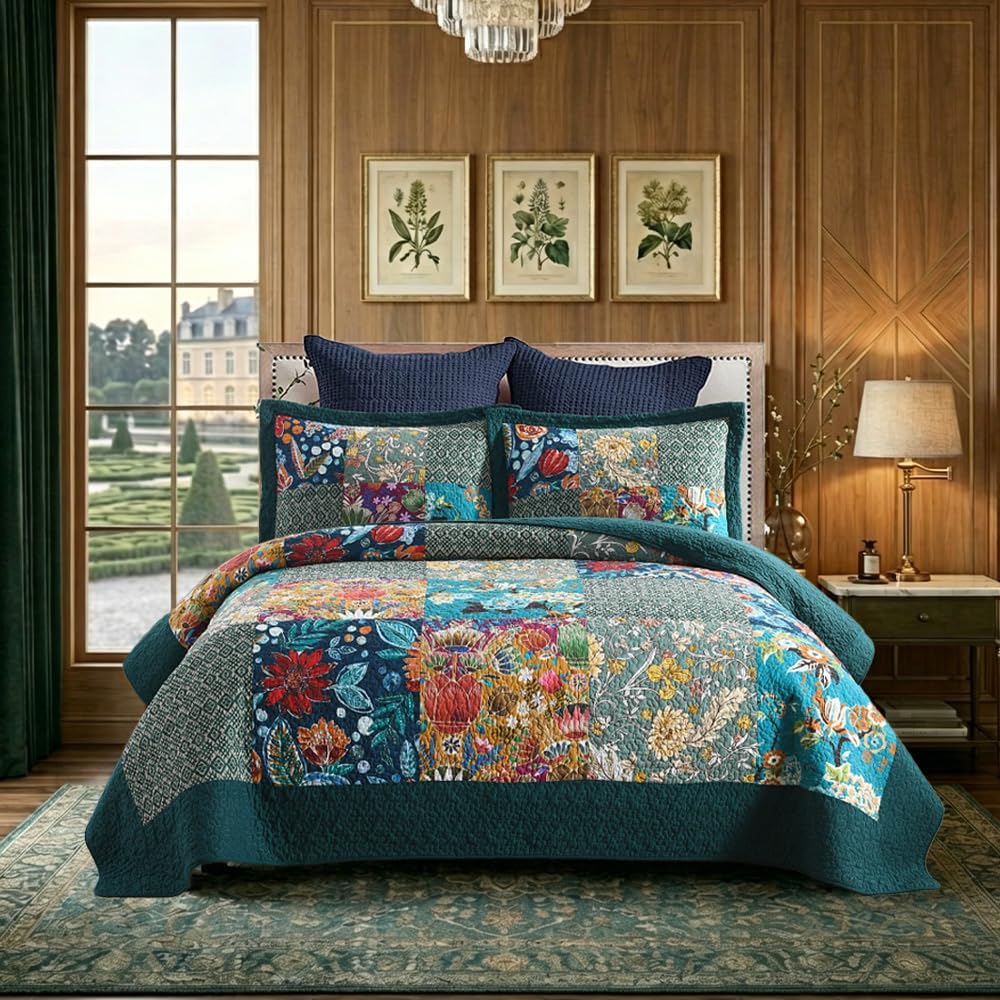 Cotton Bedspread Quilt Bedding Sets Reversible Coverlet Sets, Vintage Rustic Luxury Real Patchwork Turquoise Bedspread,Queen Size