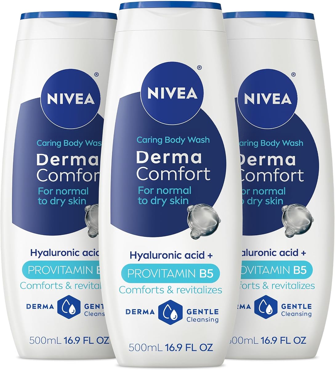 Derma Comfort Caring Body Wash, paquete múltiple, 3 x 16.9 FL OZ | Gel de baño suave con ácido hialurónico y provitamina B5, reconforta y revitaliza la piel normal a seca, fragancia suave