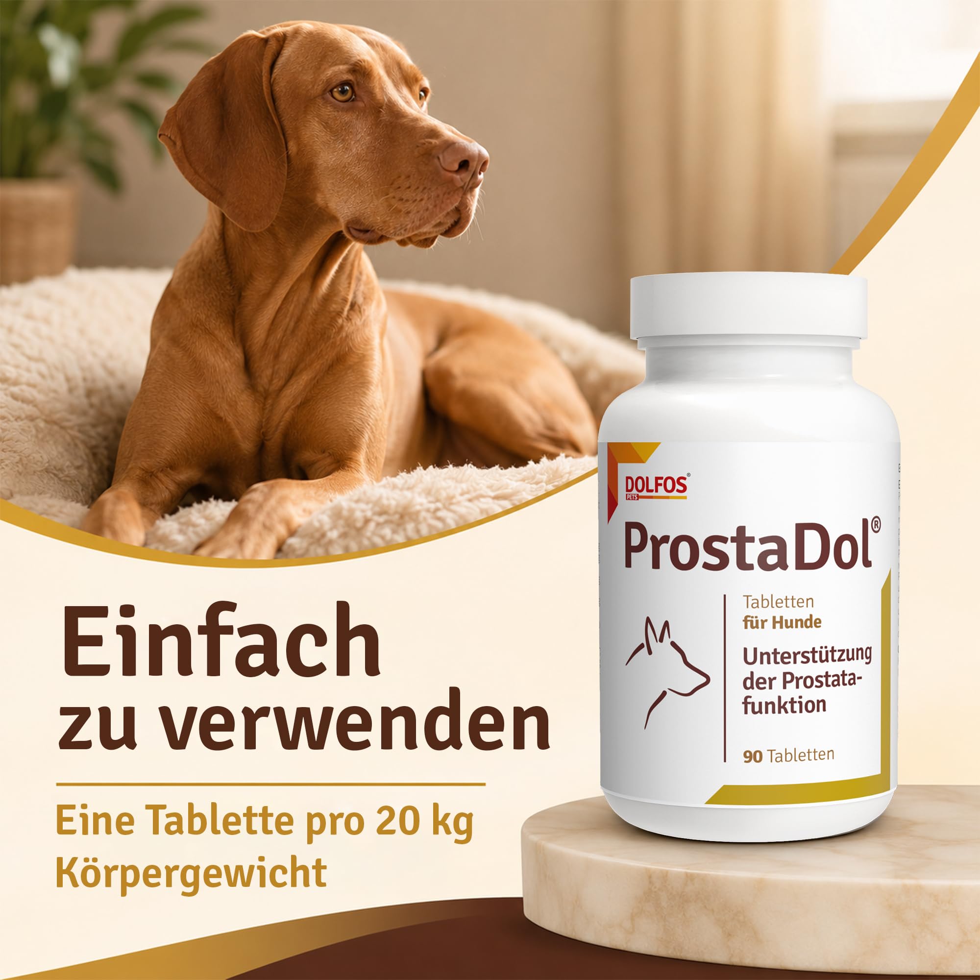 DOLFOS PETS ProstaDol, 90 Tabletten für Hunde, Prostata Hund & Harnwege unterstützen, Mit Kürbiskern Cranberry Hund, Natürliches Nahrungsergänzungsmittel bei Inkontinenz & Blasenschwäche