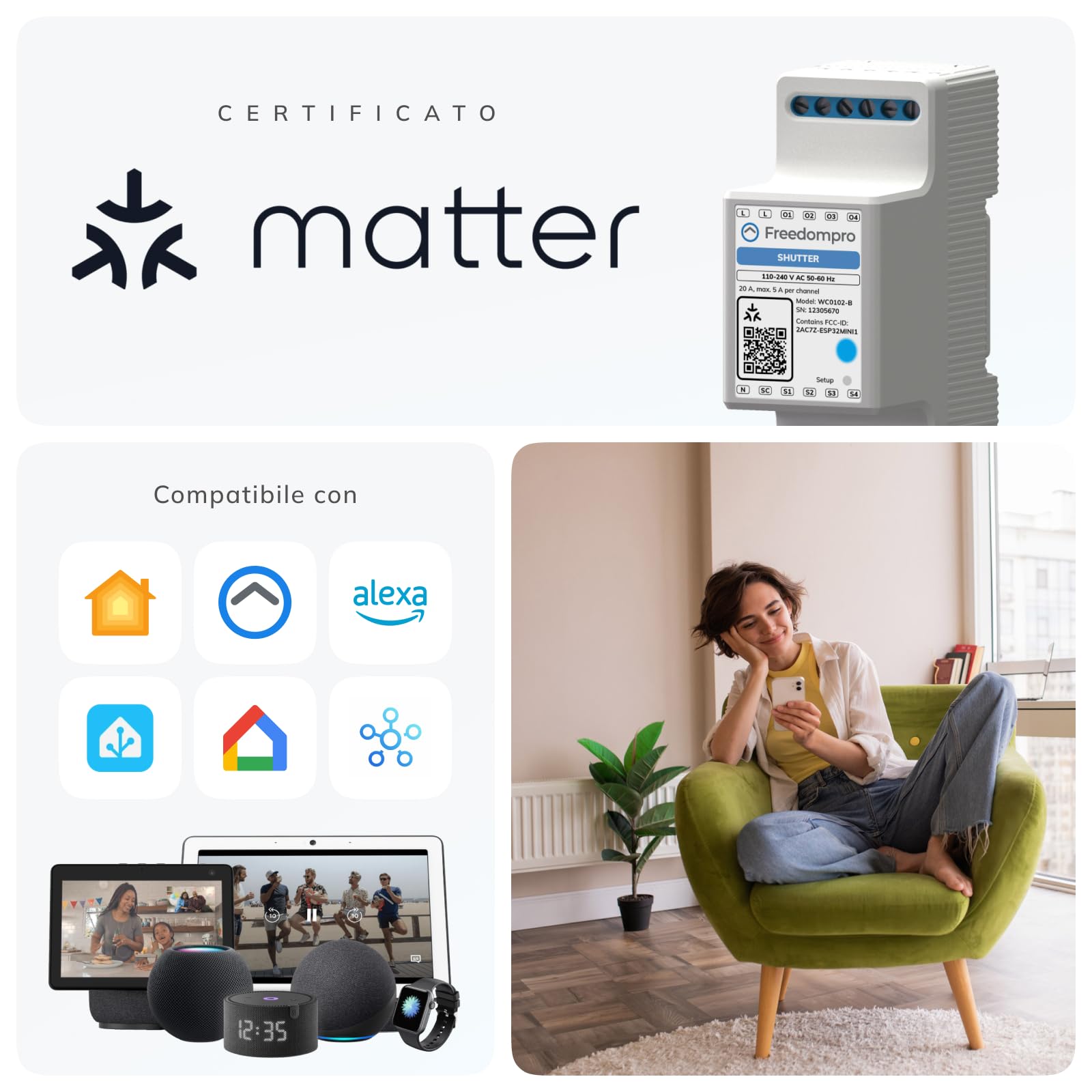 Freedompro Interruttore Smart WiFi Controlla 2 Tapparelle, Persiane Avvolgibili, Modulo Smart Home DIN H Relè Compatibile con Matter, Apple Home, Alexa, Google Home, 110-240V 5A Quadro Elettrico