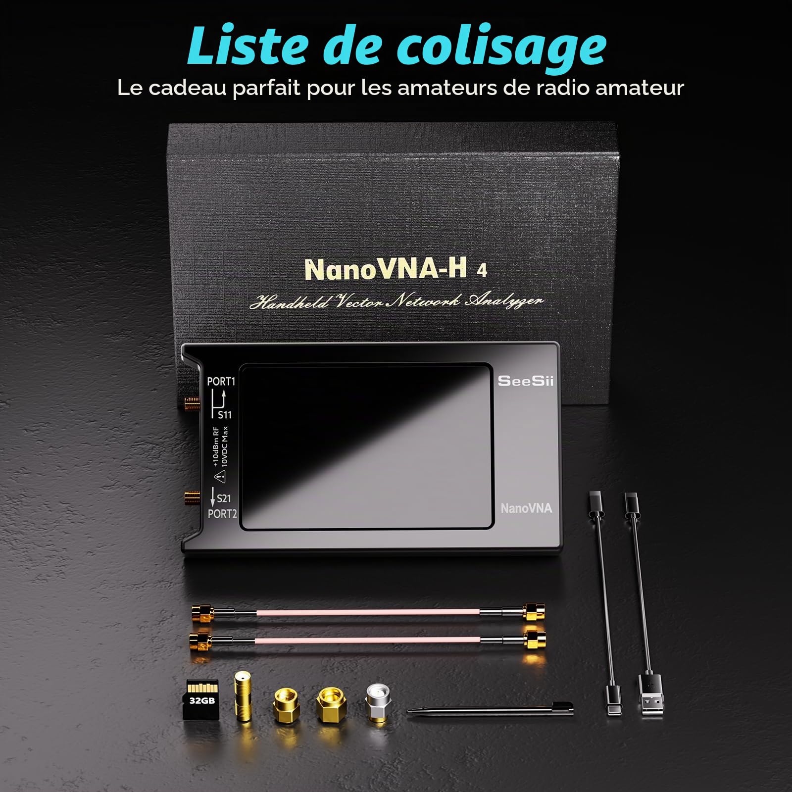 Seesii NanoVNA-H4 Analyseur de Réseau Vectoriel avec Carte de 32 GB, Analyseur d'antenne V4,3/4,2 10 kHz - 1,5 GHz HF VHF UHF avec Écran Tactile