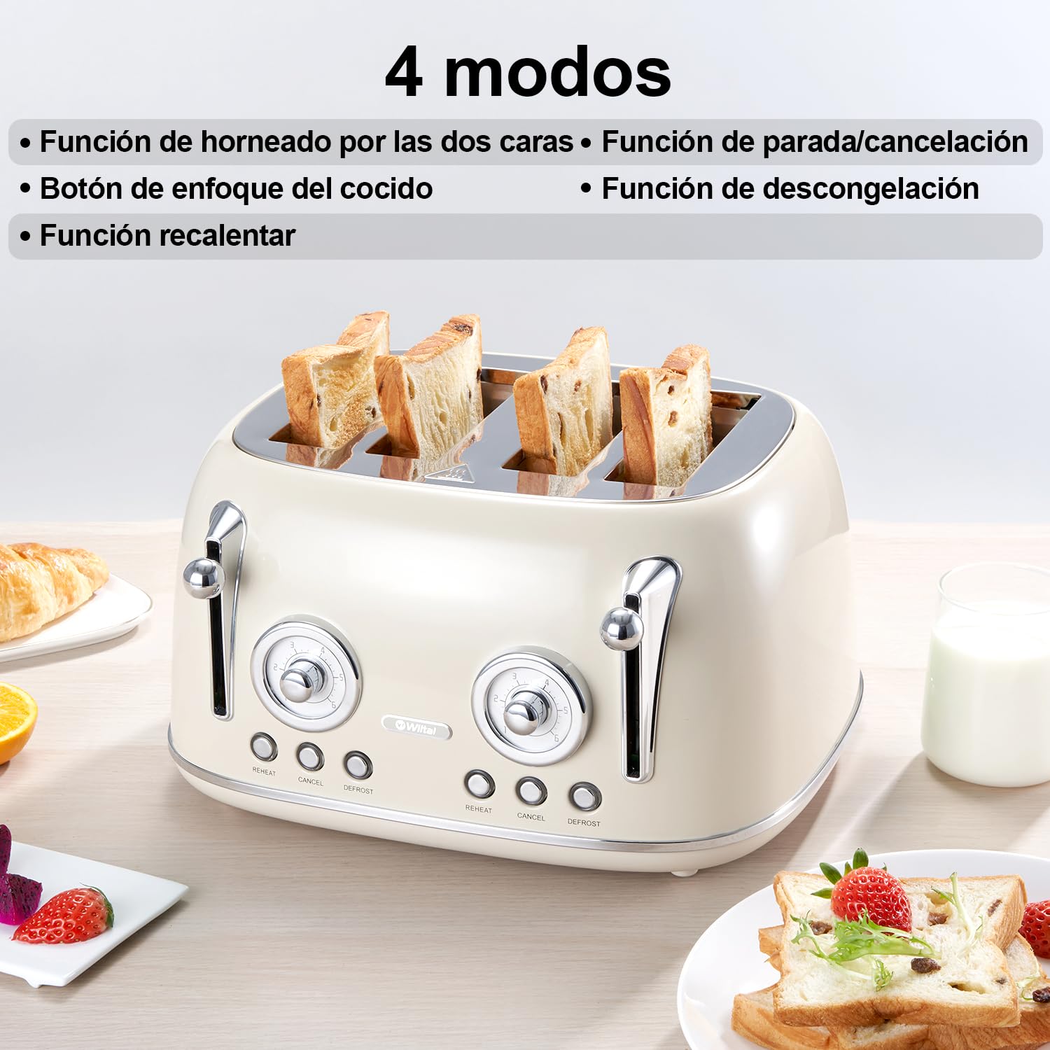 Wiltal Tostadora de 4 rebanadas, tostadora retro, carcasa de acero inoxidable, con accesorio integrado para panecillos, con tapa, grado de tostado 1-6, función de descongelación, bandeja recogemigas