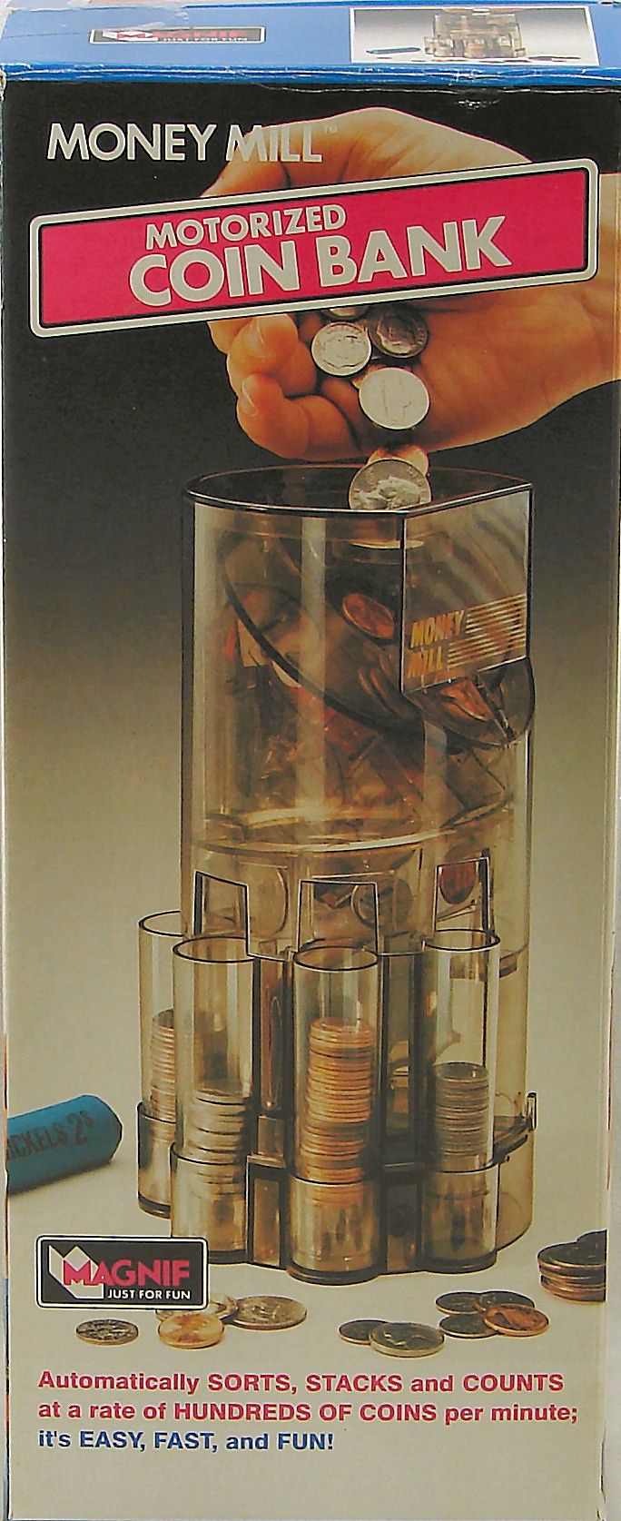 Motorized Coin Bank - Automatically sorts, stacks and counts at a rate of Hundreds of Coins per Minute.