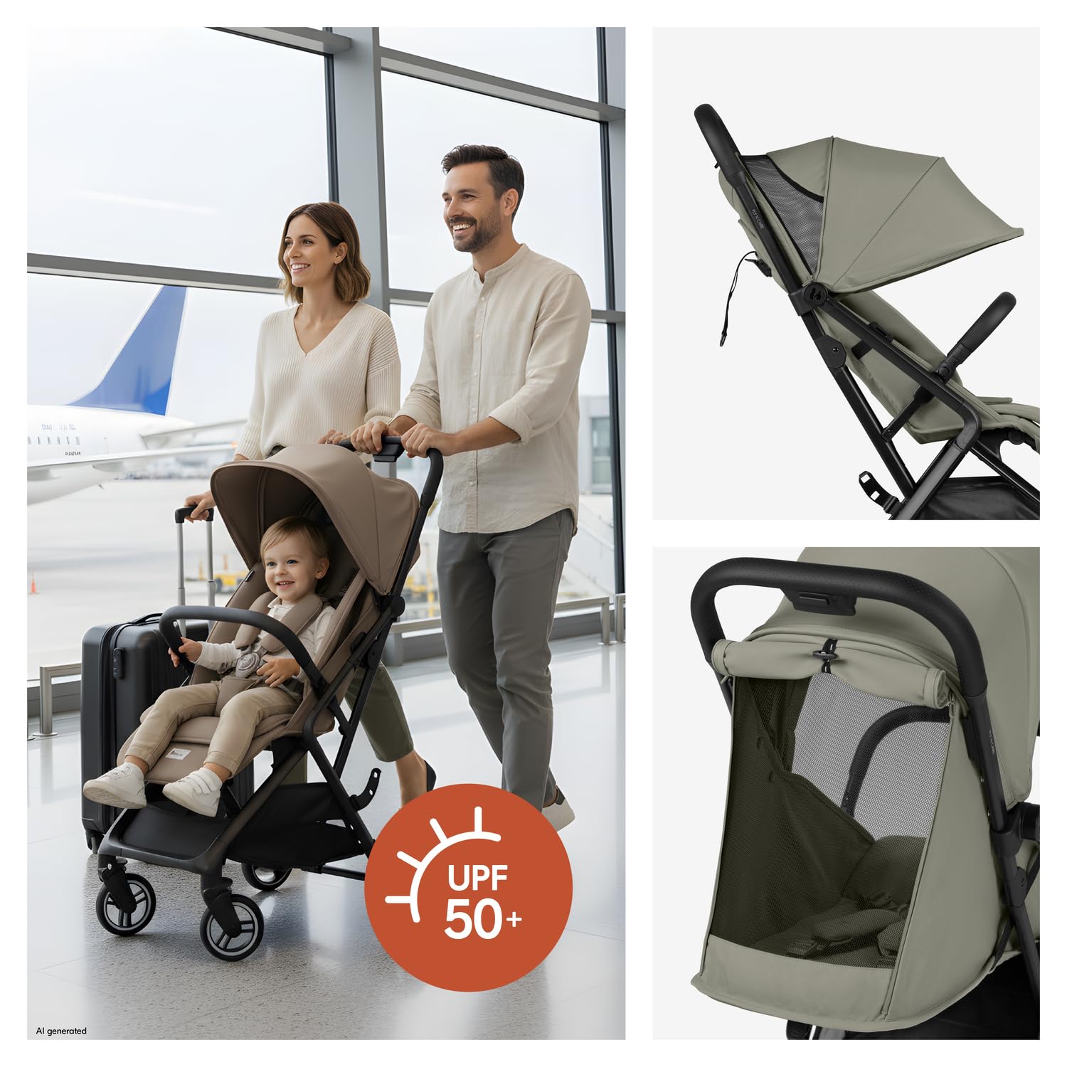 Hauck Fly N Care, Sage Green - Ultra Compact & Light Travel Pushchair (7.5kg) with One Hand Fold, Carry Strap & Bag, Seat Liner, Car Seat Adapter, UPF 50+ Sun Canopy, Fully Reclining Birth to 22 kg — view 6