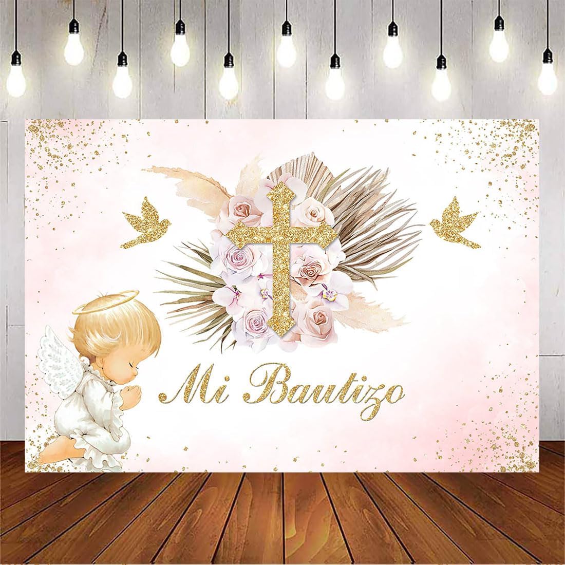 Avezano Mi Bautizo Backdrop 7x5ft Boho Baptism Party Decorations for Girl Blush Pink Floral Angel God Bless Photography Background Christening Newborn Baby Shower Props