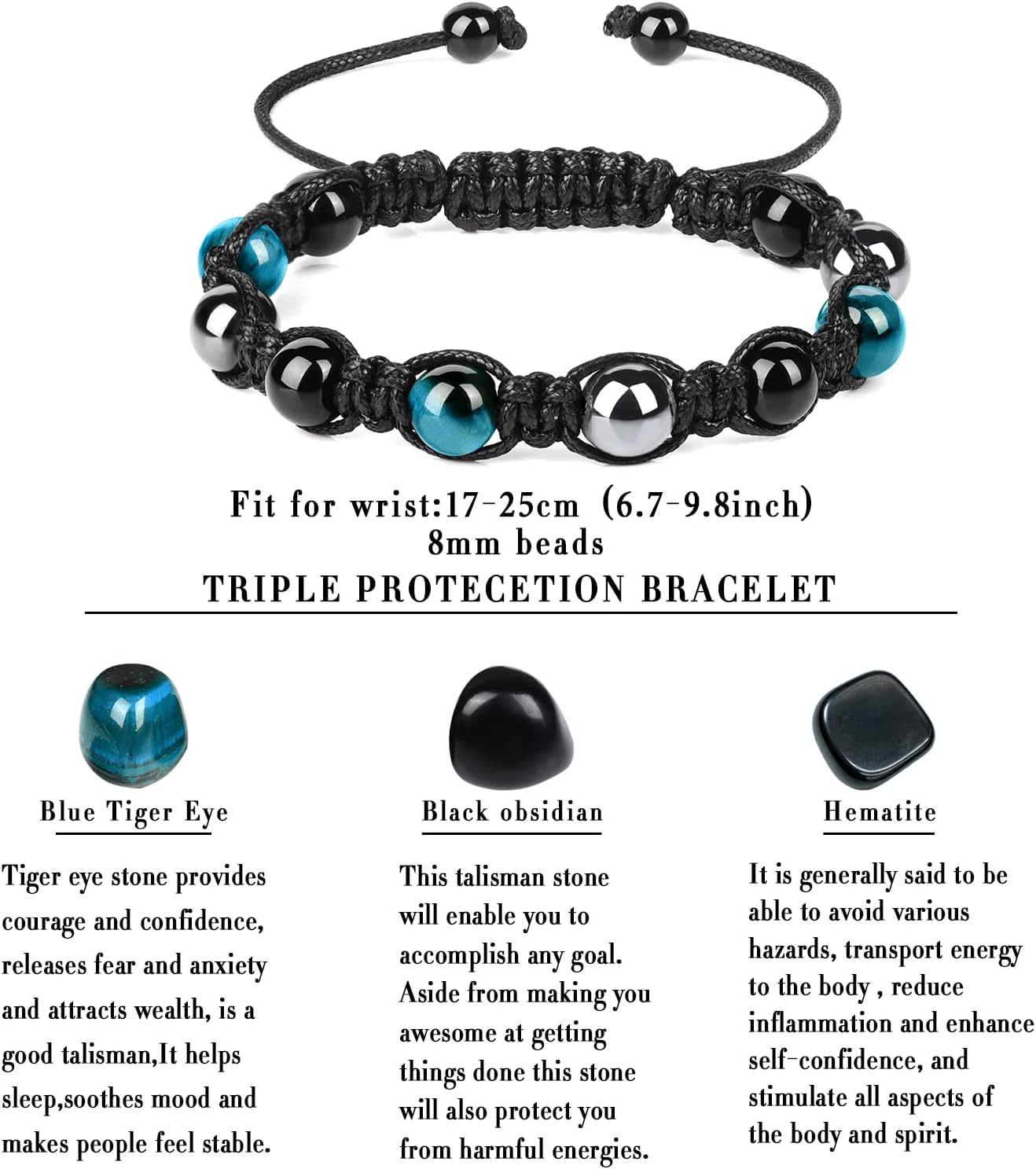 Triple Protection Bracelet,Genuine Tigers Eye Black Obsidian and Hematite Beads Bracelet for Men Women,Handmade Crystal Healing Bracelets Bring Luck and Prosperity and Happiness - Image 2