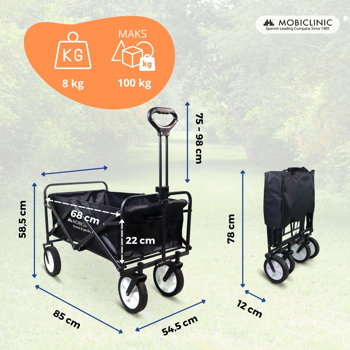 Mobiclinic®, Składany wózek transportowy, Na plażę i do ogrodu, Duna pro, Regulowana rączka, 360º terenowe koł, Nośność 100 kg, 85x54, 5x58, 5cm, Wodoodporny, Stal, Pcv, Czarny