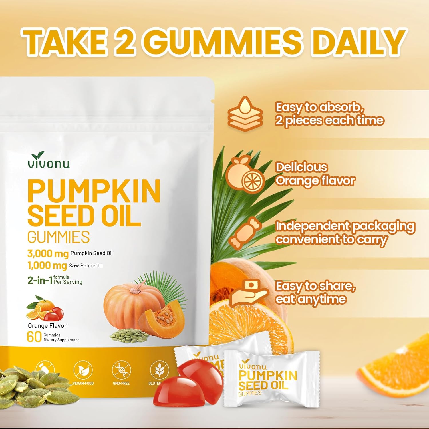 VivoNu Organic Pumpkin Seed Oil Gummies,Cold Pressed Pumpkin Seed Oil with Saw Palmetto Gummies,for Prostate Health,BPH Support,Hair & Bladder Control - Non-GMO,Sugar-Free
